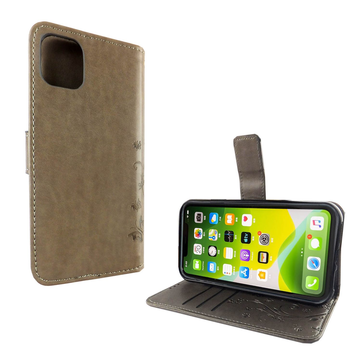 Braune Leder-Handyhülle, geöffnet, um Telefon zu zeigen. Innen floral.