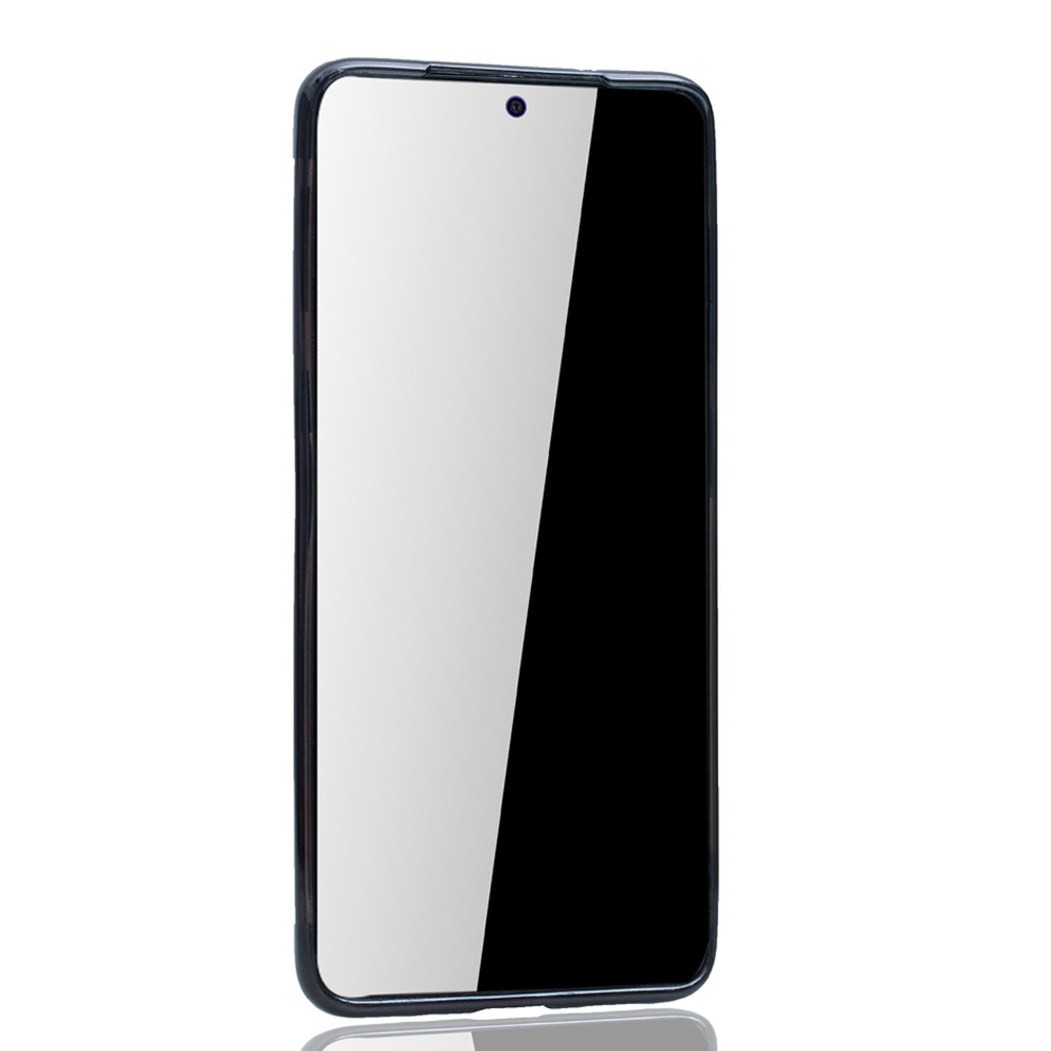 Ein schwarzes Telefon mit einem Bildschirm, der Licht reflektiert.