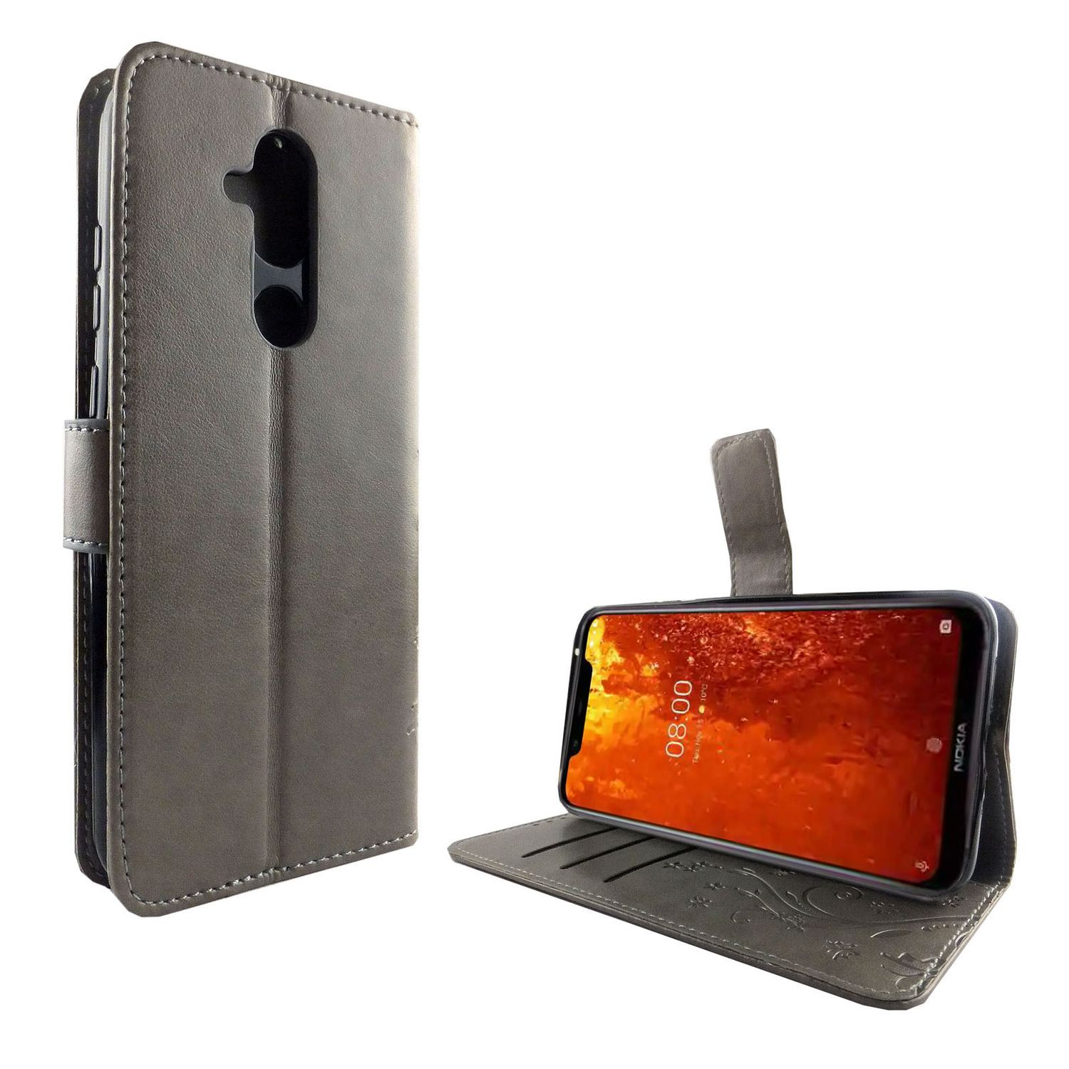Handyhülle mit Telefon darin. Die Hülle ist grau.