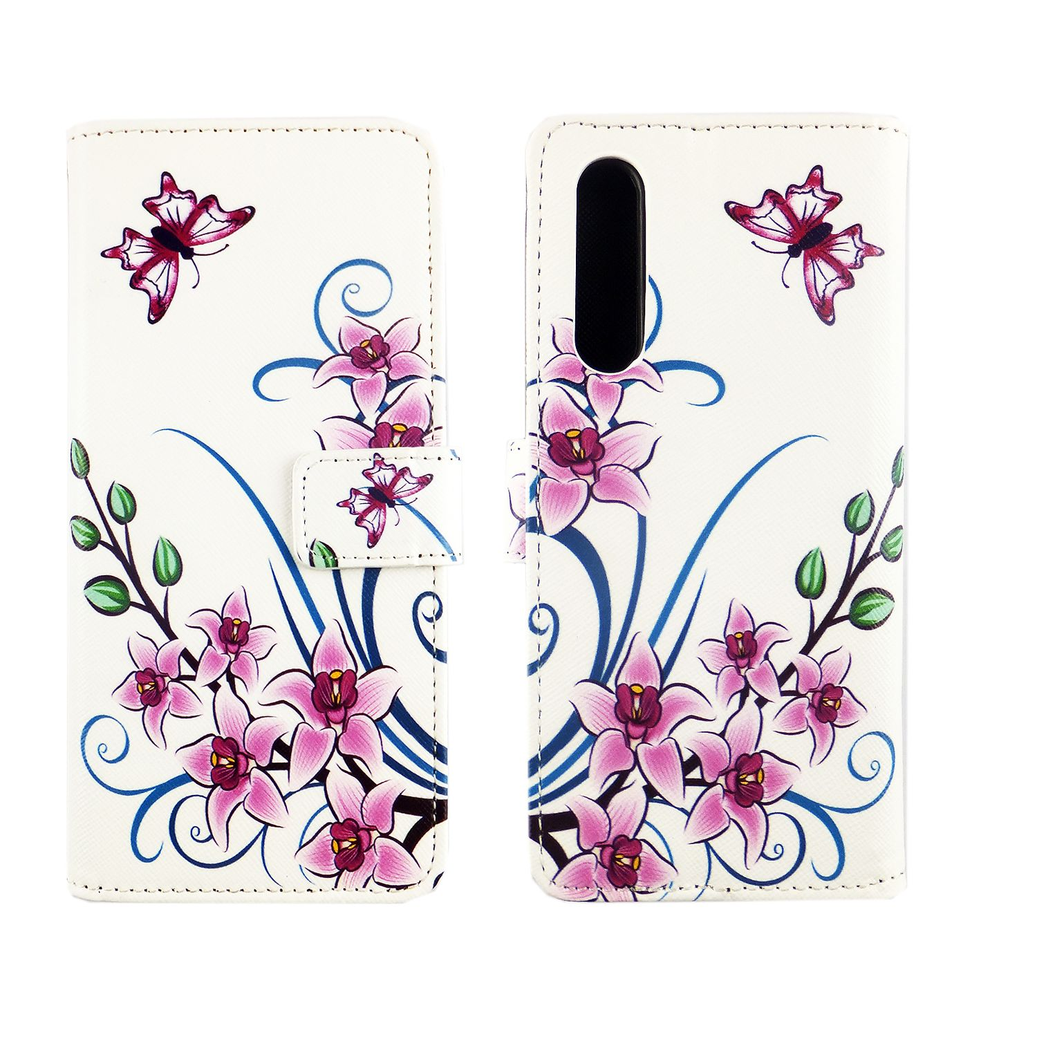 Weiße Handyhülle mit rosa Blumendesign, offen, um das Telefon zu zeigen.
