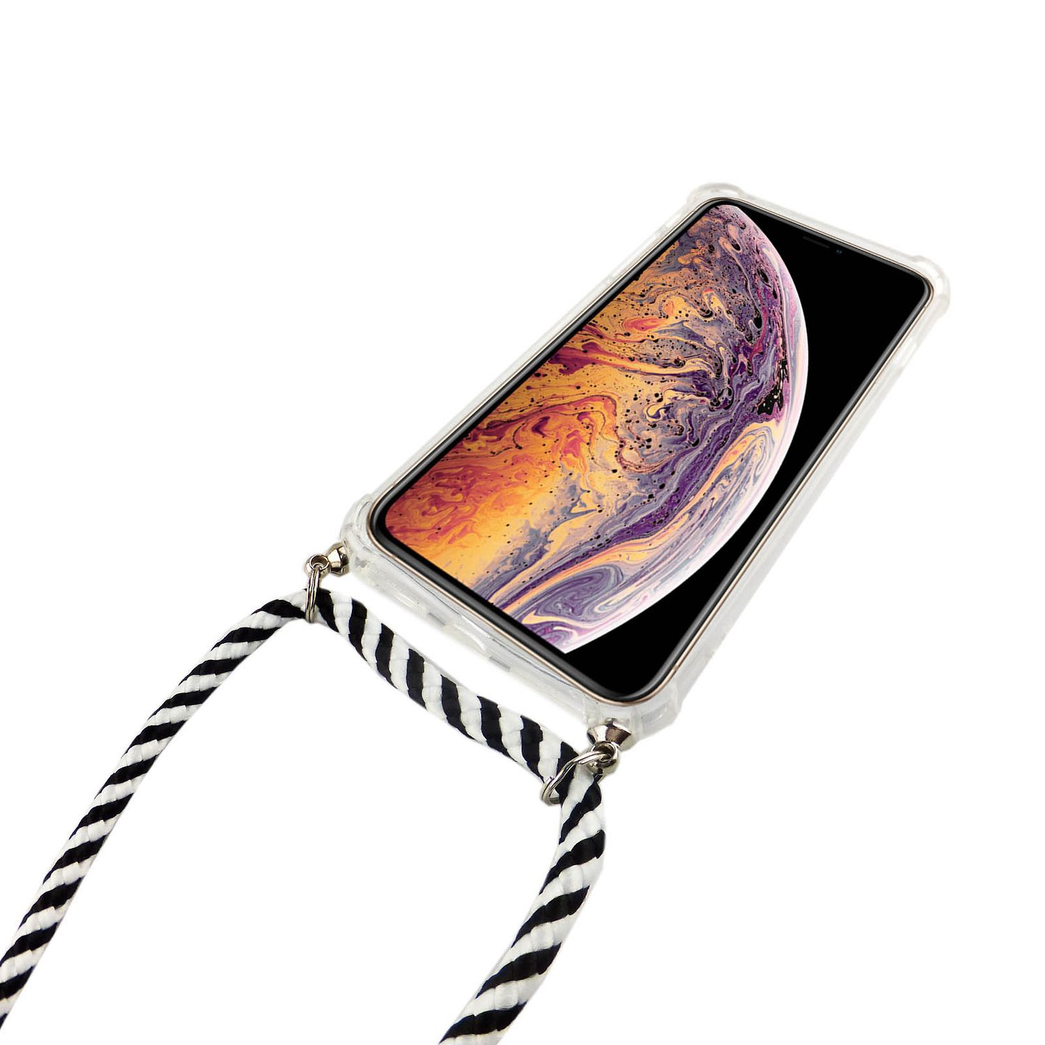 Ein Telefon in einer transparenten Hülle mit einem schwarz-weiß gestreiften Lanyard, vor weißem Hintergrund.