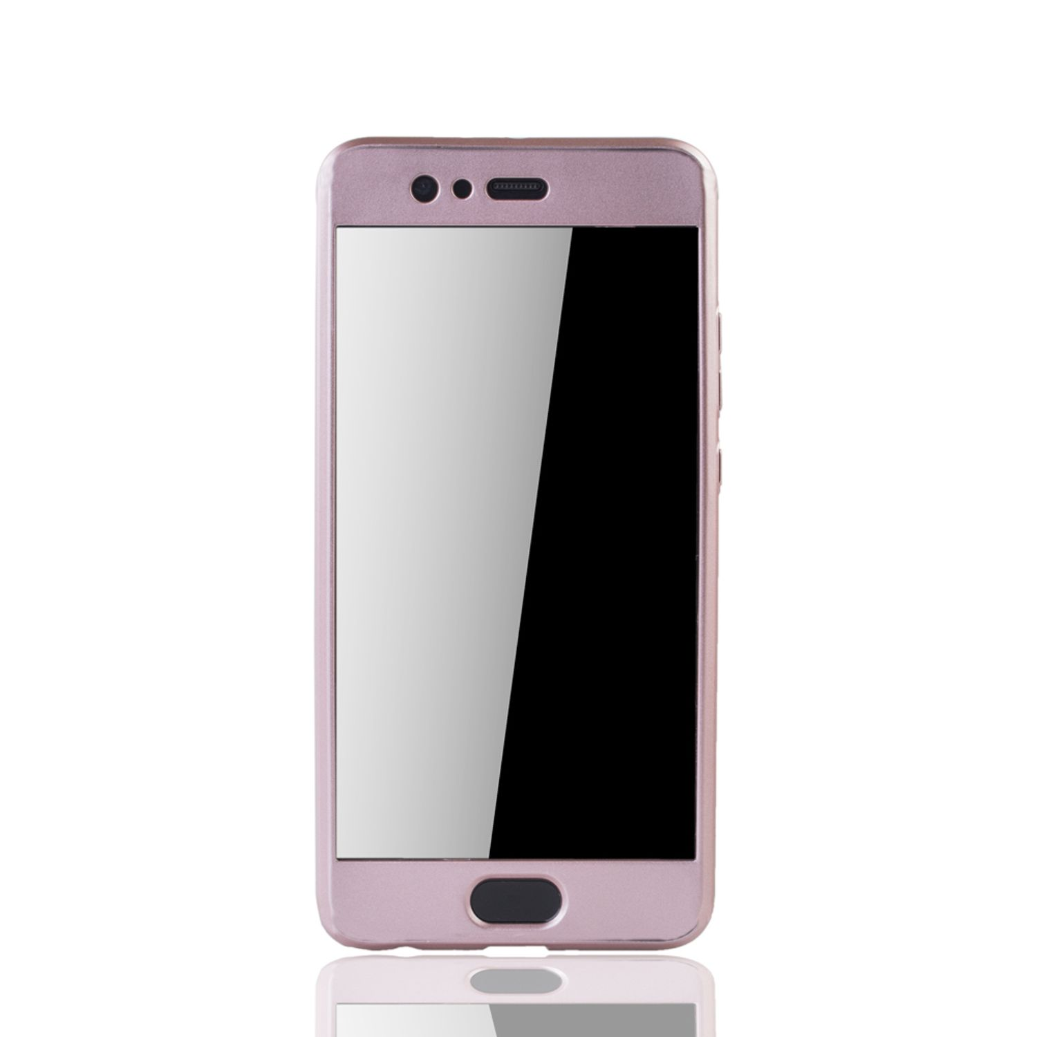 Telefon in einem roségoldenen Gehäuse mit nach vorne gerichtetem Bildschirm. Weißer Hintergrund.