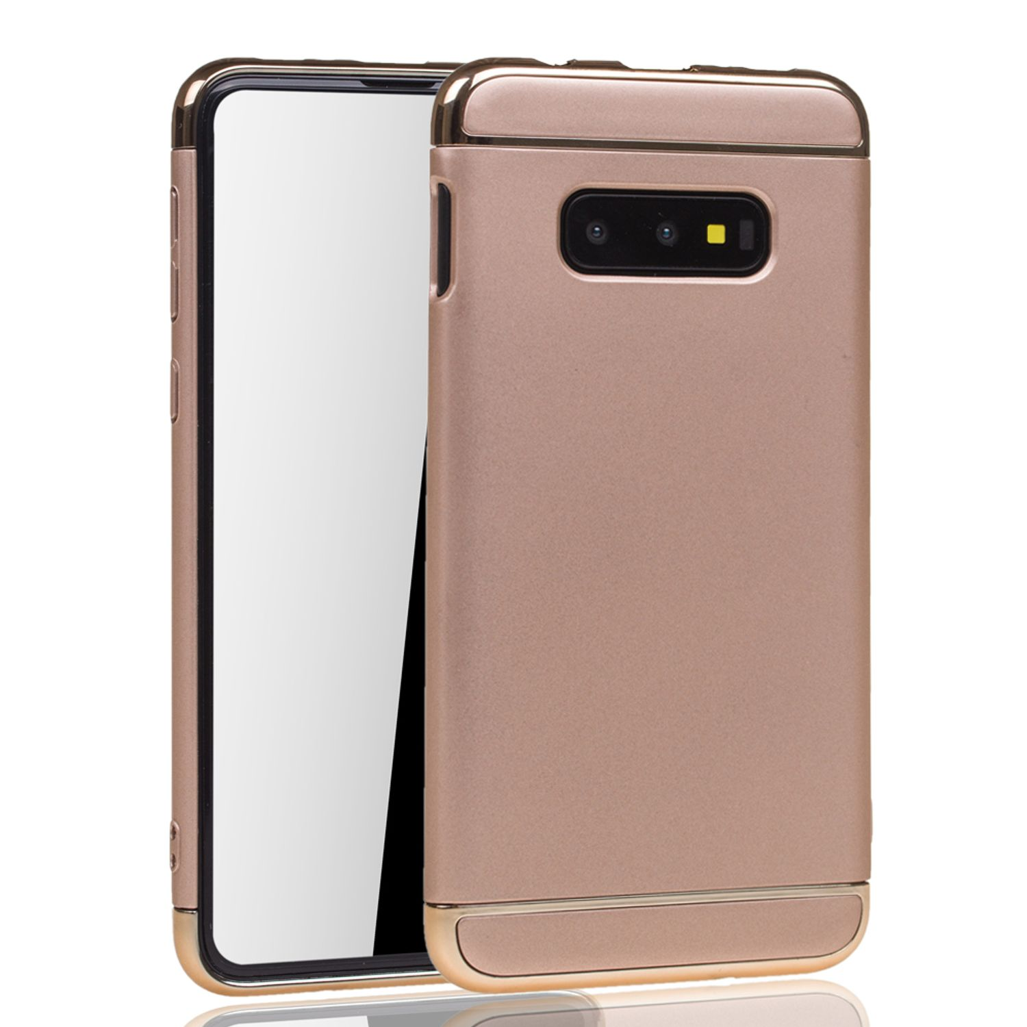 Goldene Handyhülle mit Bildschirm. Telefon ist drin. Weißer Hintergrund. Goldener Rahmen.