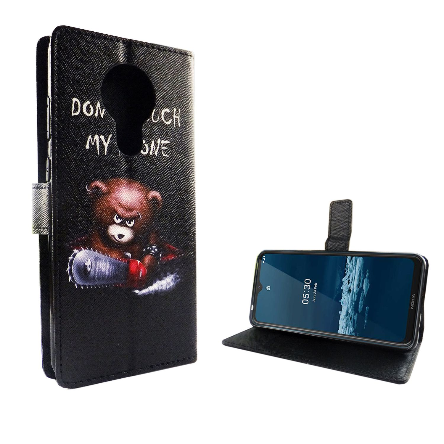 Schwarze Handyhülle mit einem Comic-Bären, der eine Kettensäge hält, und dem Text 'DON'T TOUCH MY PHONE'.