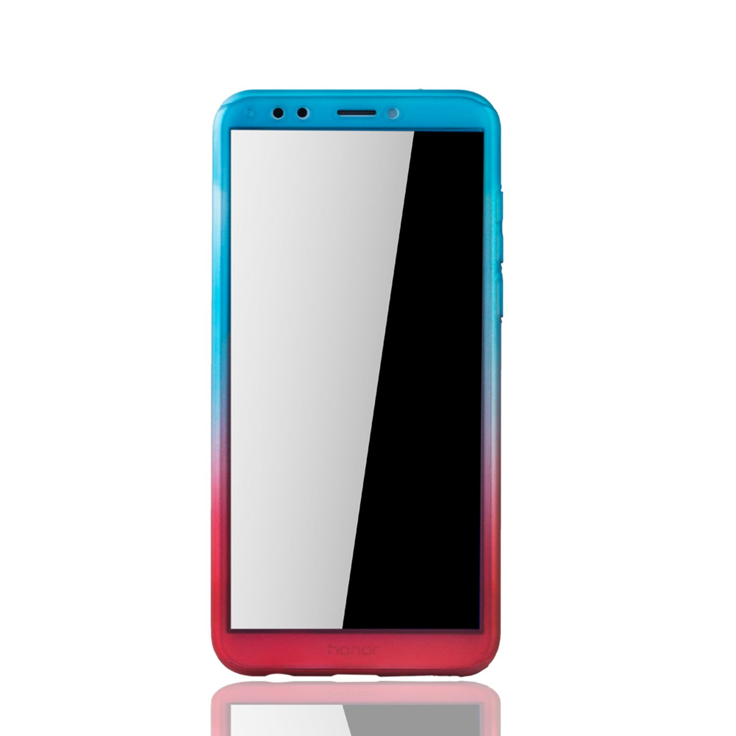 Ein Telefon mit blau-roter Hülle. Der Bildschirm ist schwarz, das Telefon steht auf weißem Hintergrund.