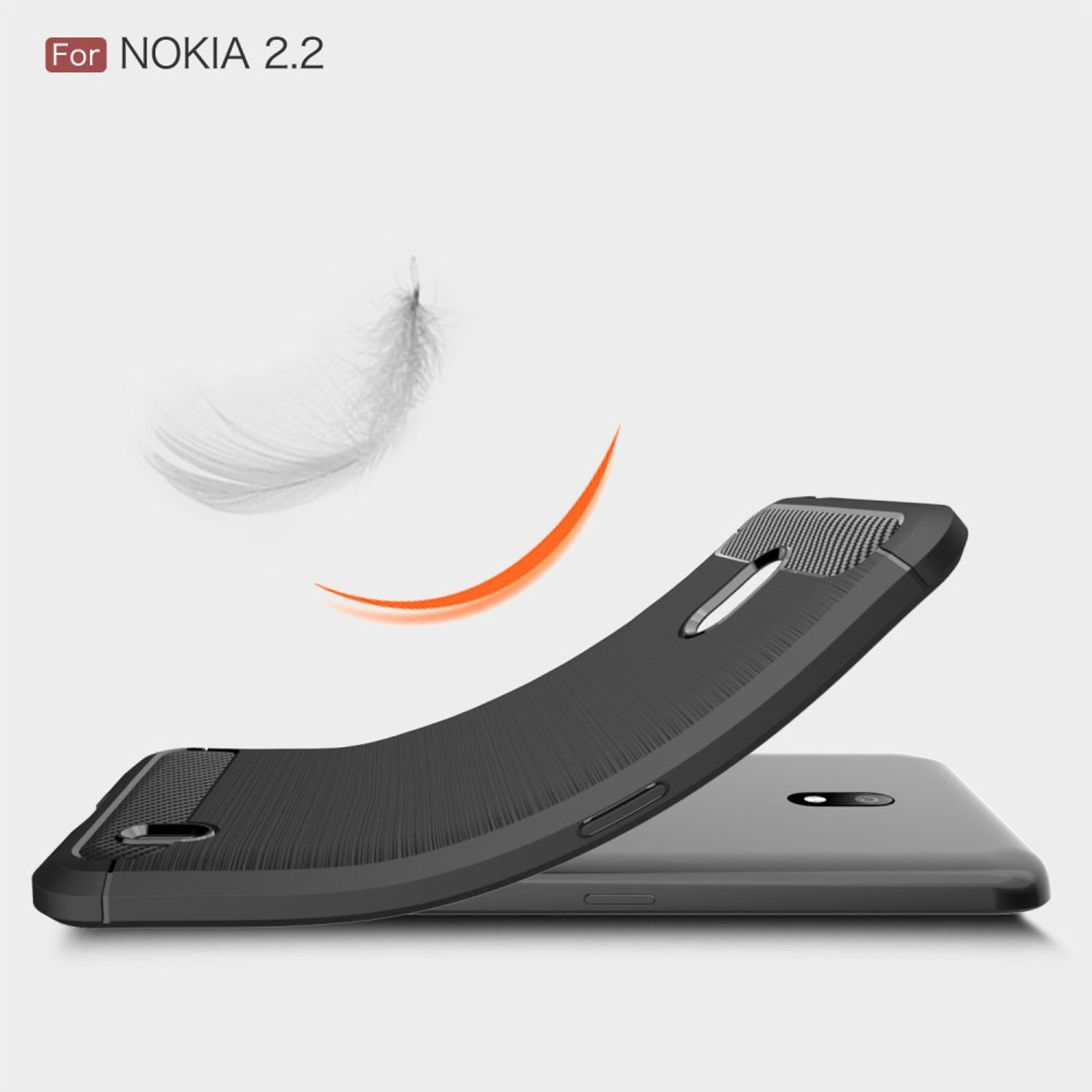 Schwarze Handyhülle für Nokia 2.2 mit geschwungenem Design und Feder-Illustration im Hintergrund.