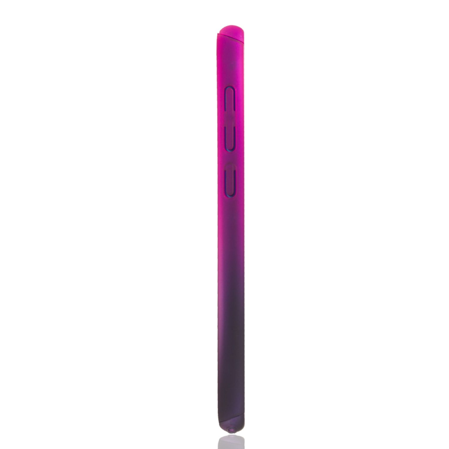 Seitenansicht einer pink-lila Handyhülle auf Weiß. Knöpfe sichtbar.