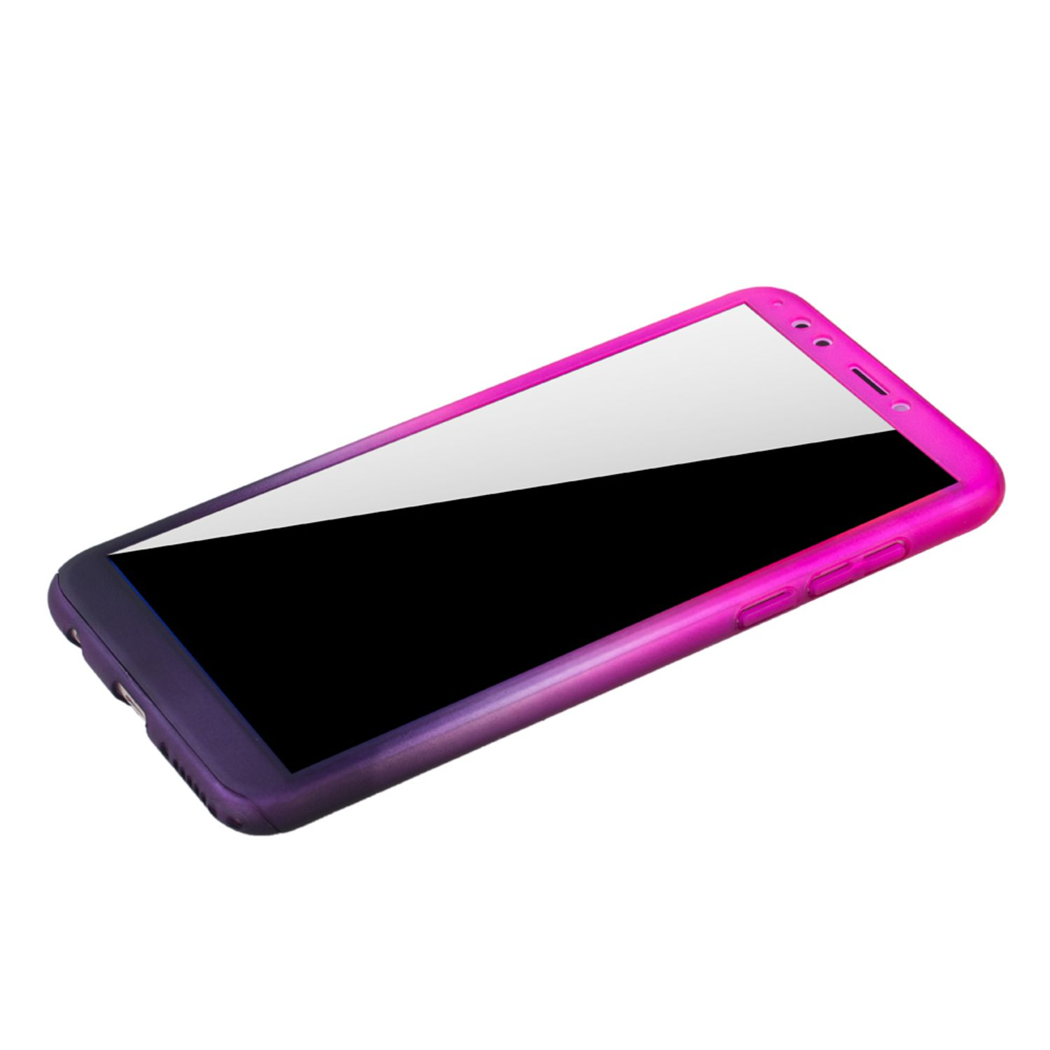 Telefon in rosa-lila Hülle. Schwarzer Bildschirm. Weißer Hintergrund.