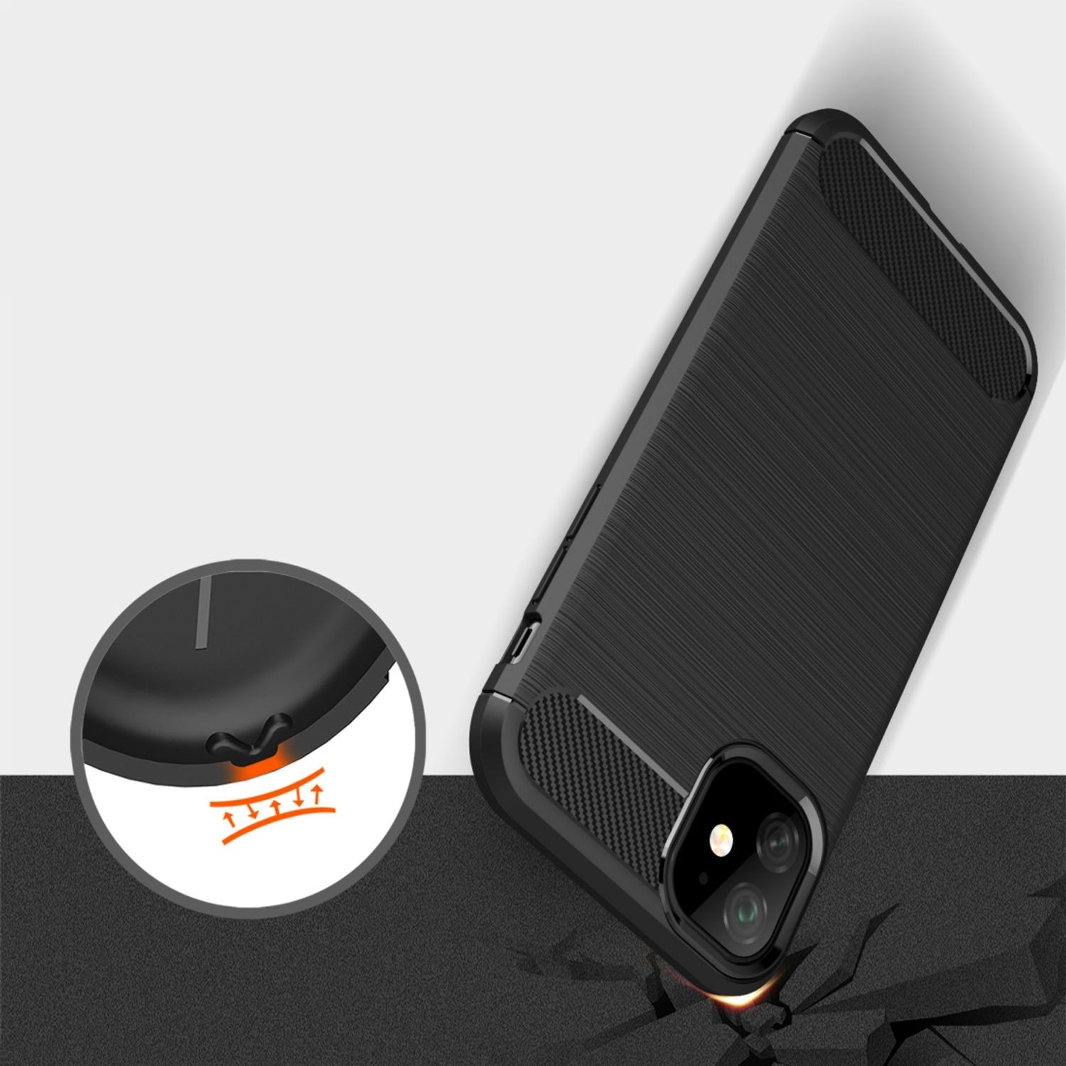 Schwarze Handyhülle mit einem Telefon. Es gibt einen Riss und Pfeile, die die Stoßfestigkeit zeigen.