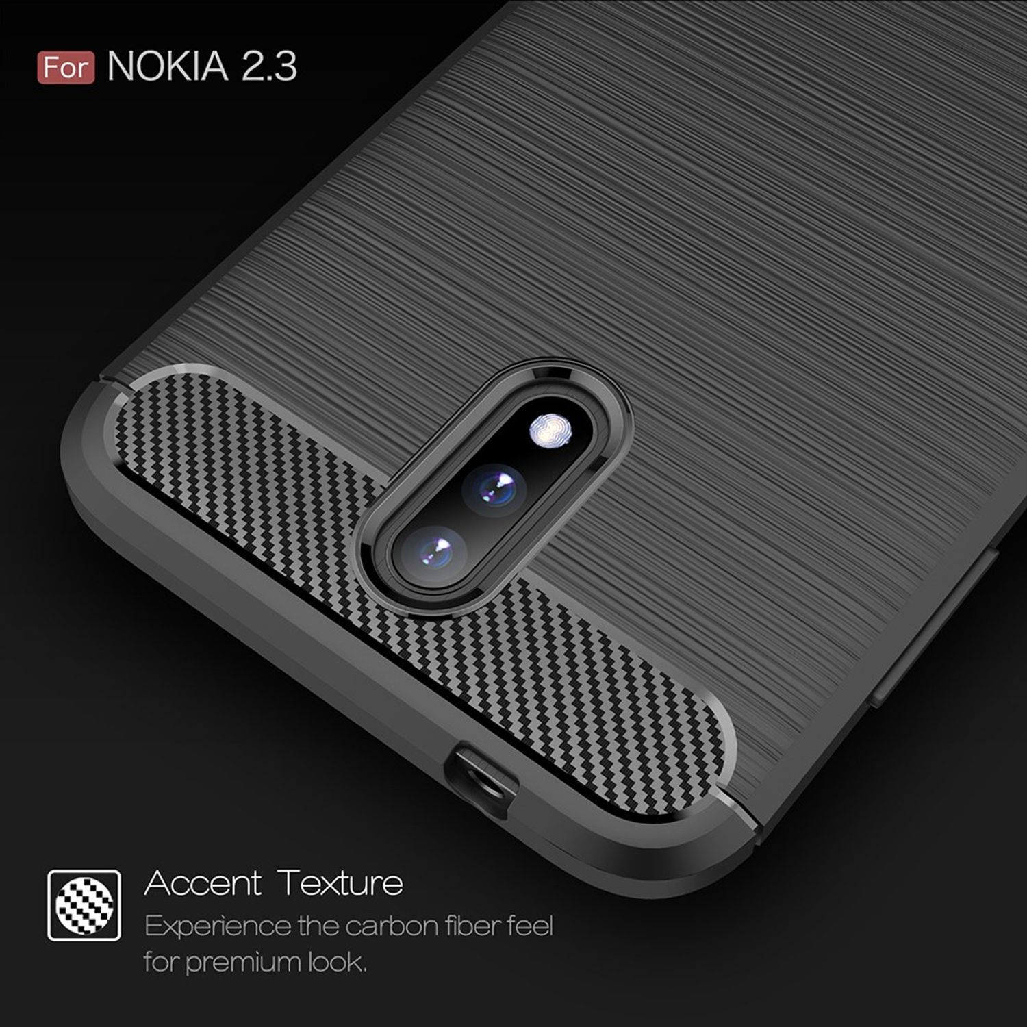 Schwarze Handyhülle für Nokia 2.3 mit Akzenttextur, Carbonfaser-Feeling.