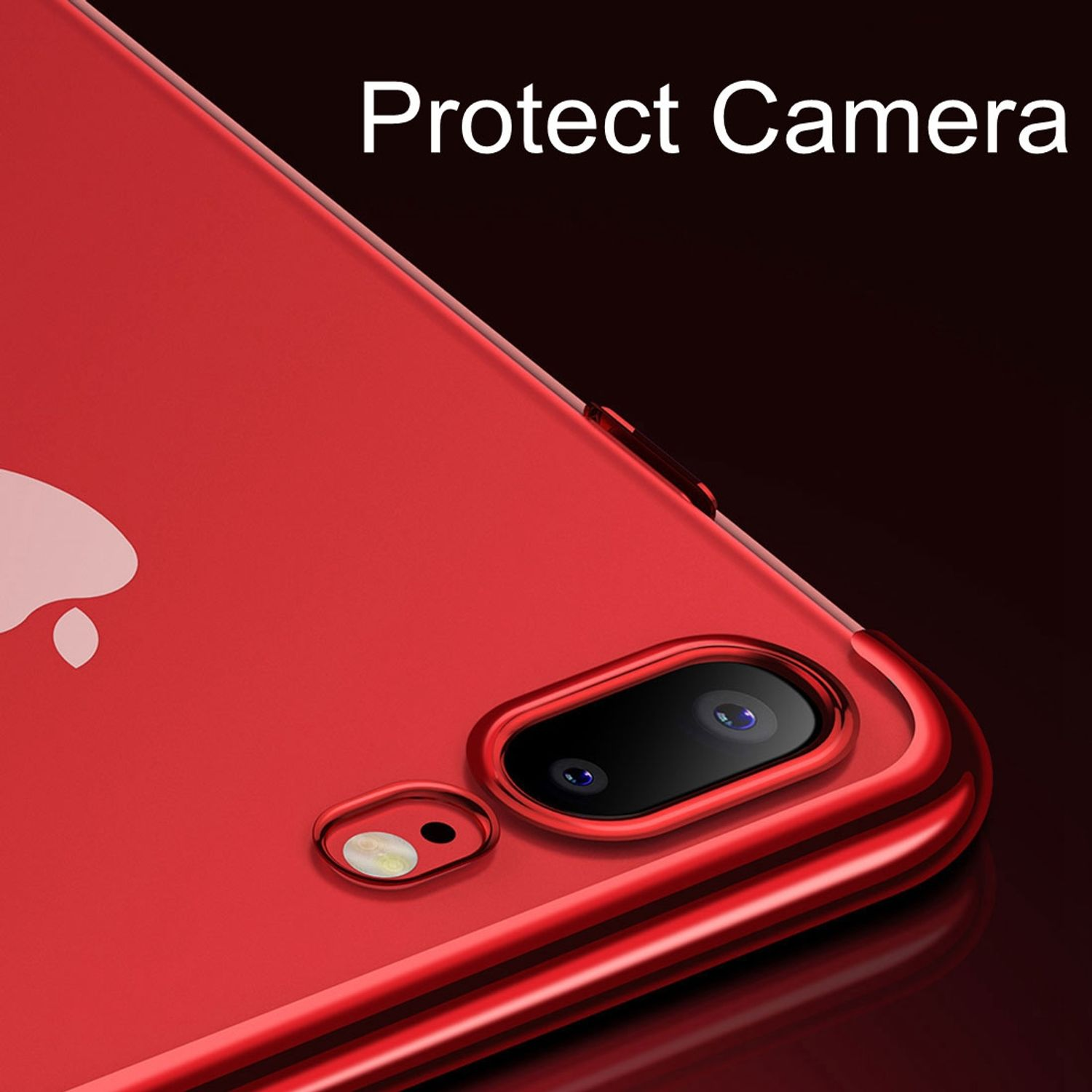 Rote Handyhülle mit Kameraausschnitt und Text "Protect Camera".