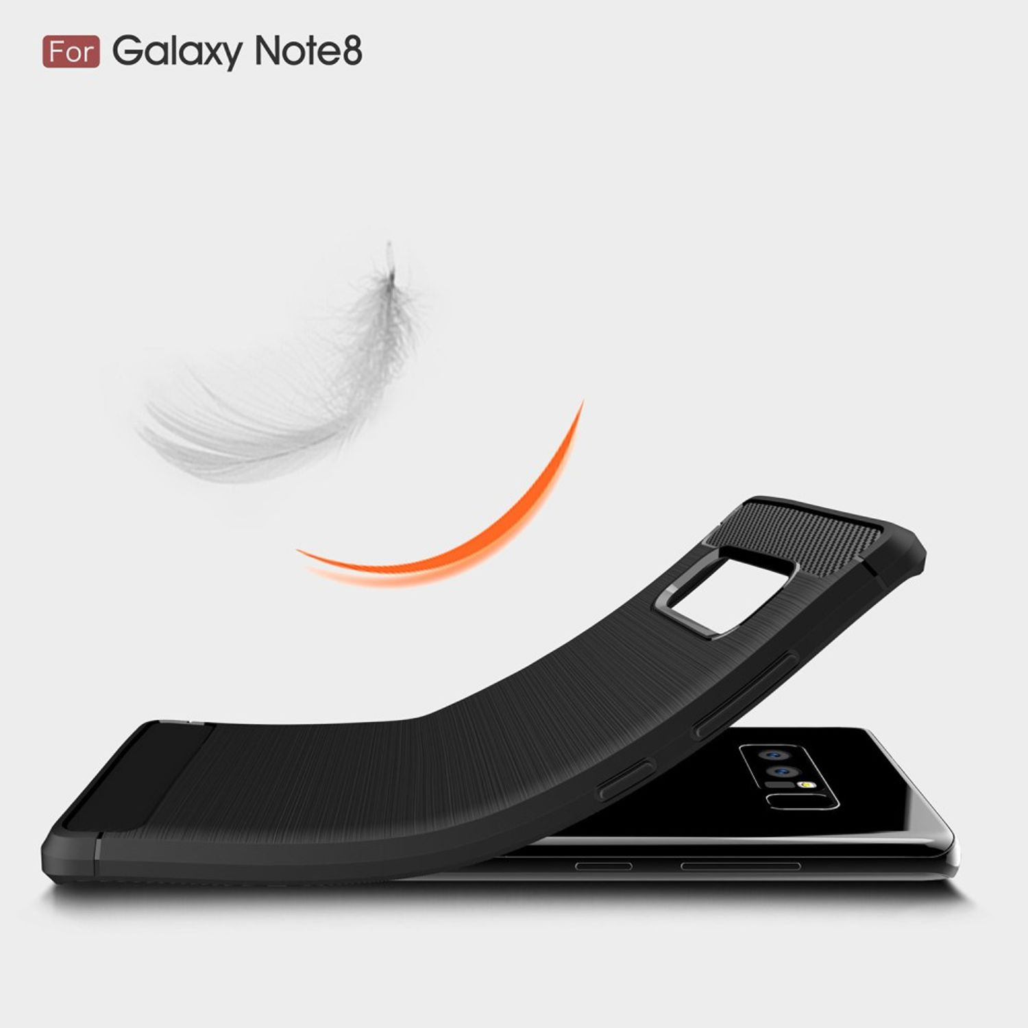 Schwarze Handyhülle auf weißem Hintergrund angewinkelt. Text Für Galaxy Note8. Leichte Feder und orangefarbener Bogen.