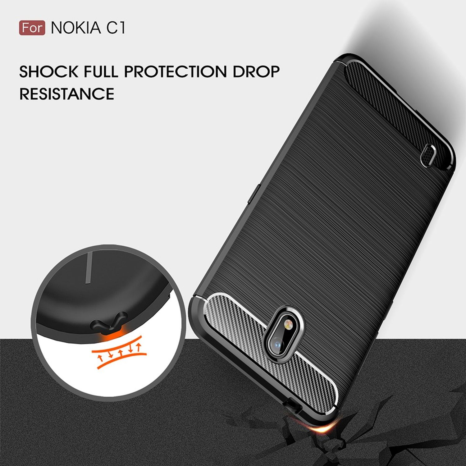 Schwarze Handyhülle mit strukturiertem Design. Text: SHOCK FULL PROTECTION, DROP RESISTANCE, Für NOKIA C1.