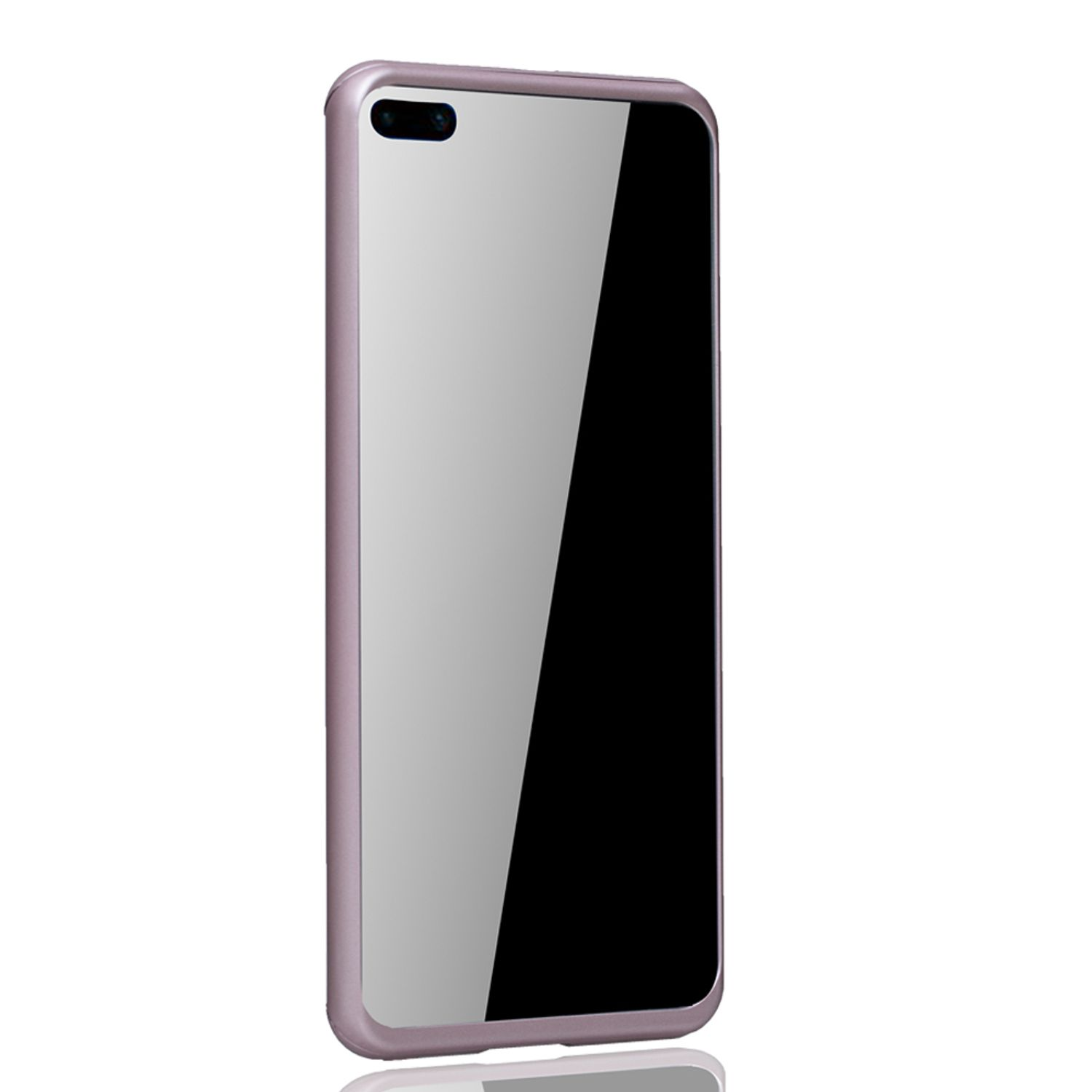Ein Telefon mit einer rosa-violetten Hülle. Der Bildschirm ist schwarz, die Hülle hat eine spiegelähnliche Oberfläche.