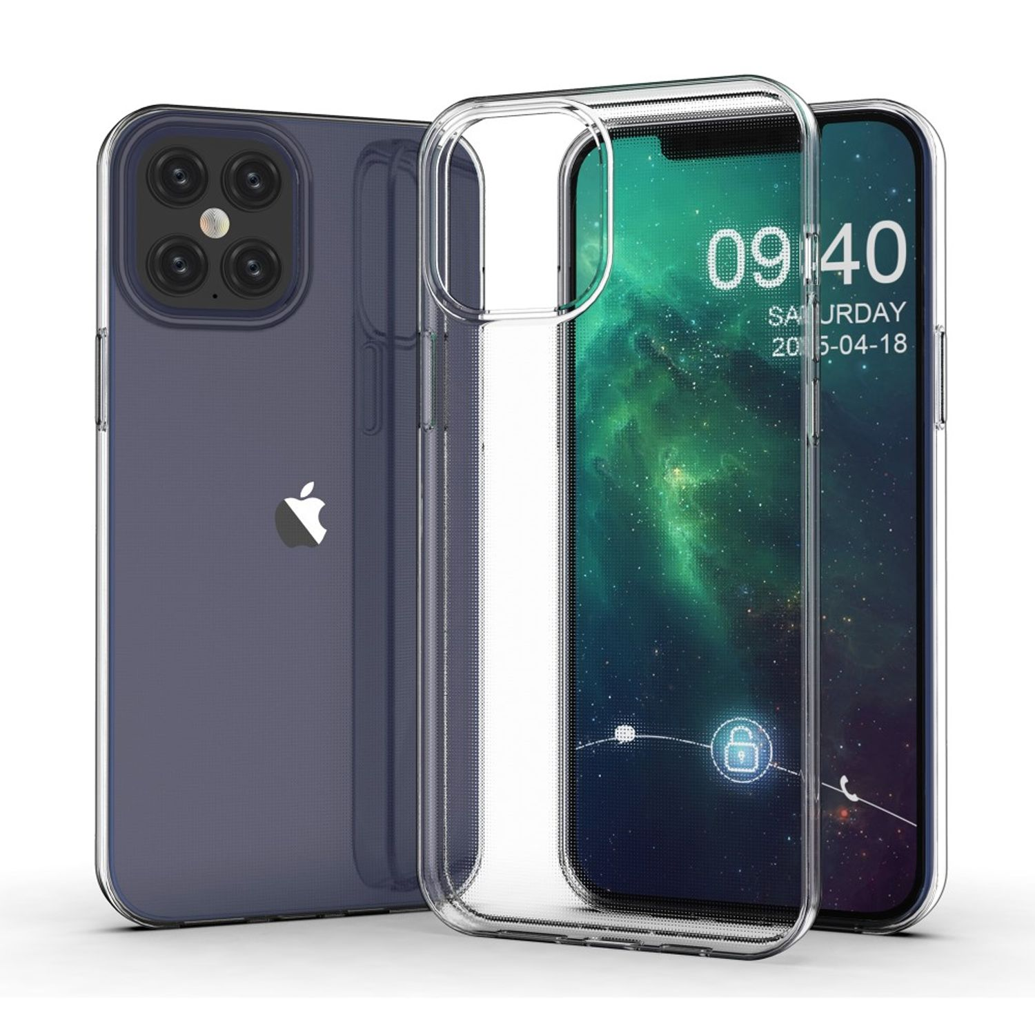 Transparente Handyhülle mit einem Telefon darin. Das Telefon zeigt einen Sperrbildschirm mit Datum und Uhrzeit.
