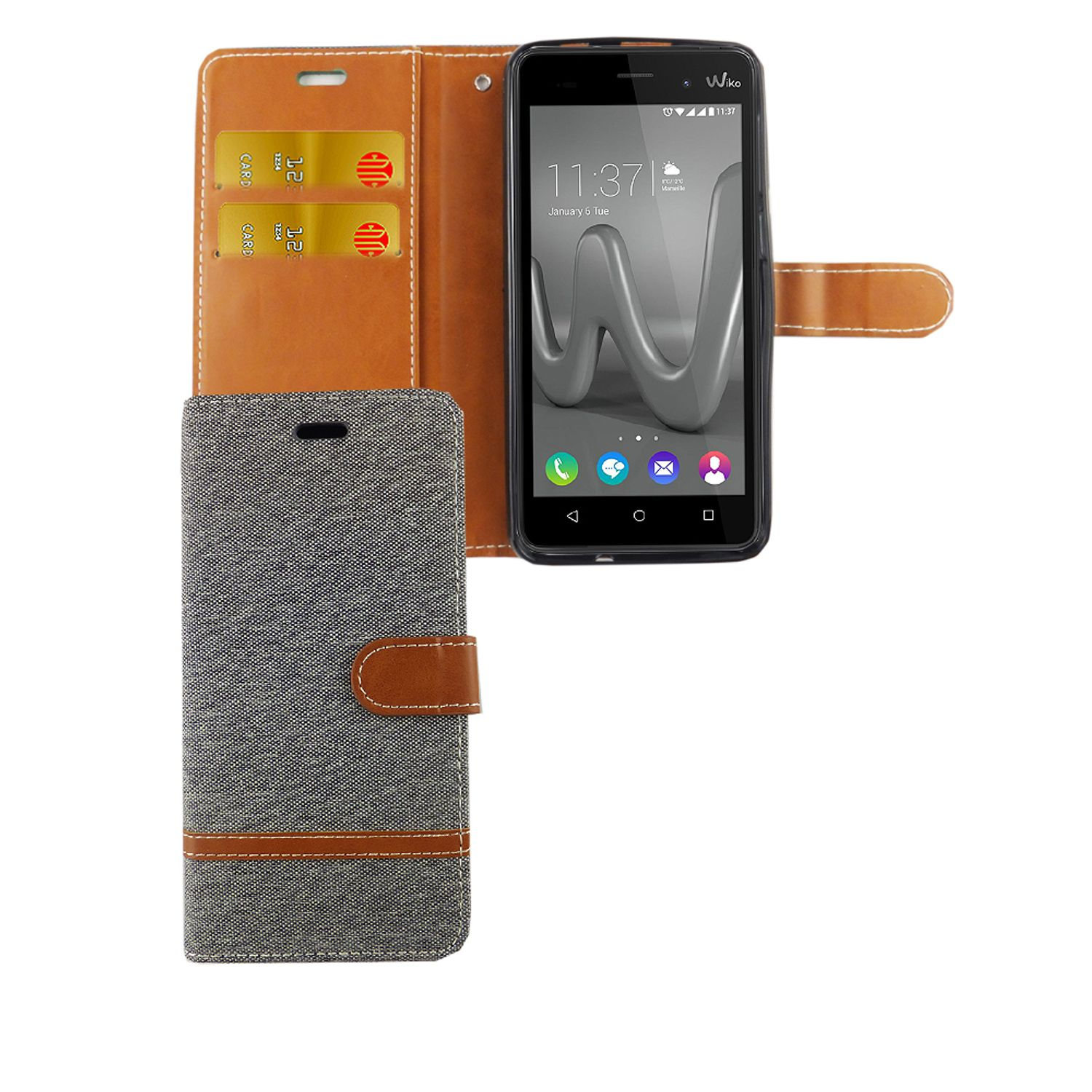 Handyhülle mit Telefon. Das Gehäuse ist grau und braun. Der Bildschirm des Telefons ist schwarz.