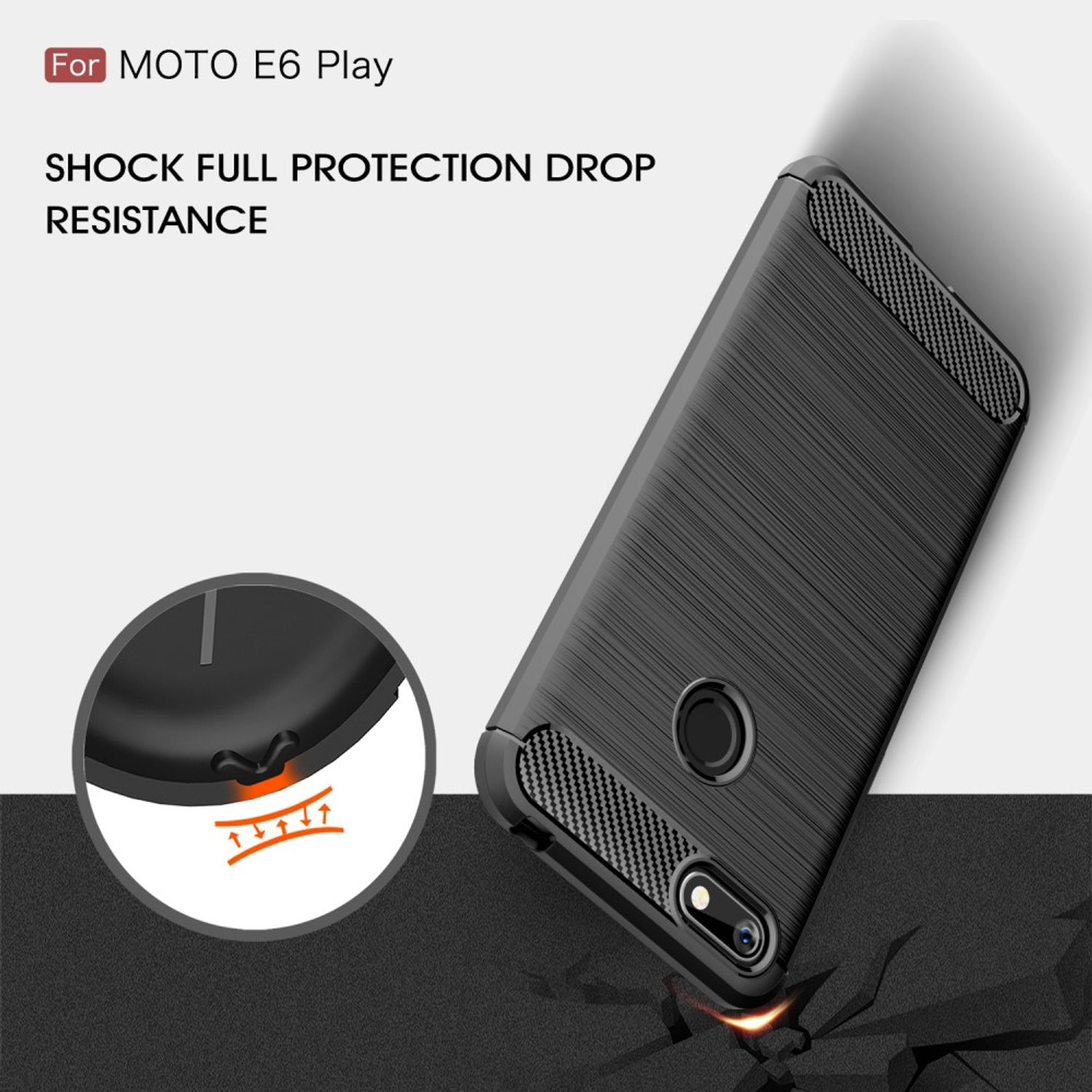 Schwarze Handyhülle mit Text: Für MOTO E6 Play. Stoßfester Fallschutz. Weißer Hintergrund.