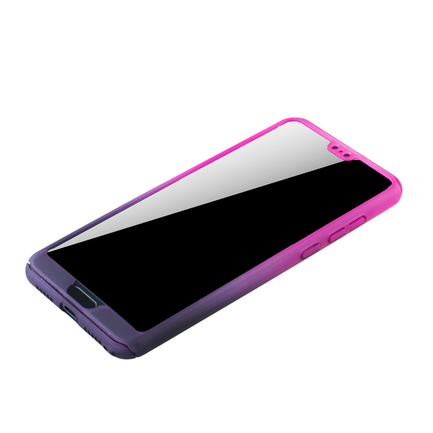 Smartphone mit Farbverlauf-Hülle in Pink und Lila. Schwarzer Bildschirm, weißer Hintergrund.