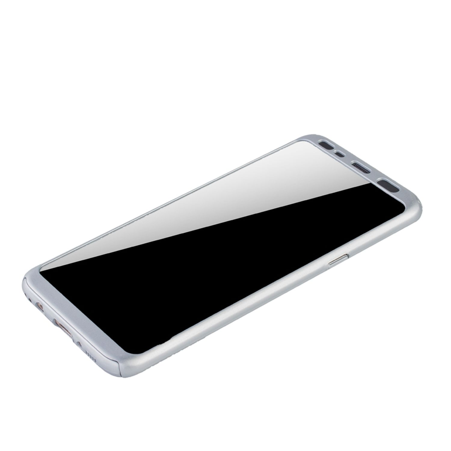 Silbernes Telefon in Schutzhülle, schräg auf weißem Hintergrund, reflektiert das Licht.