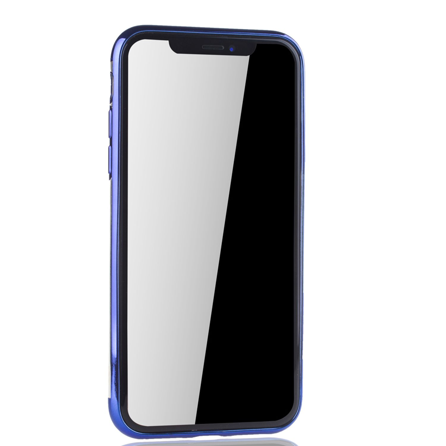 Blaue Handyhülle mit Telefon. Der Bildschirm ist weiß.