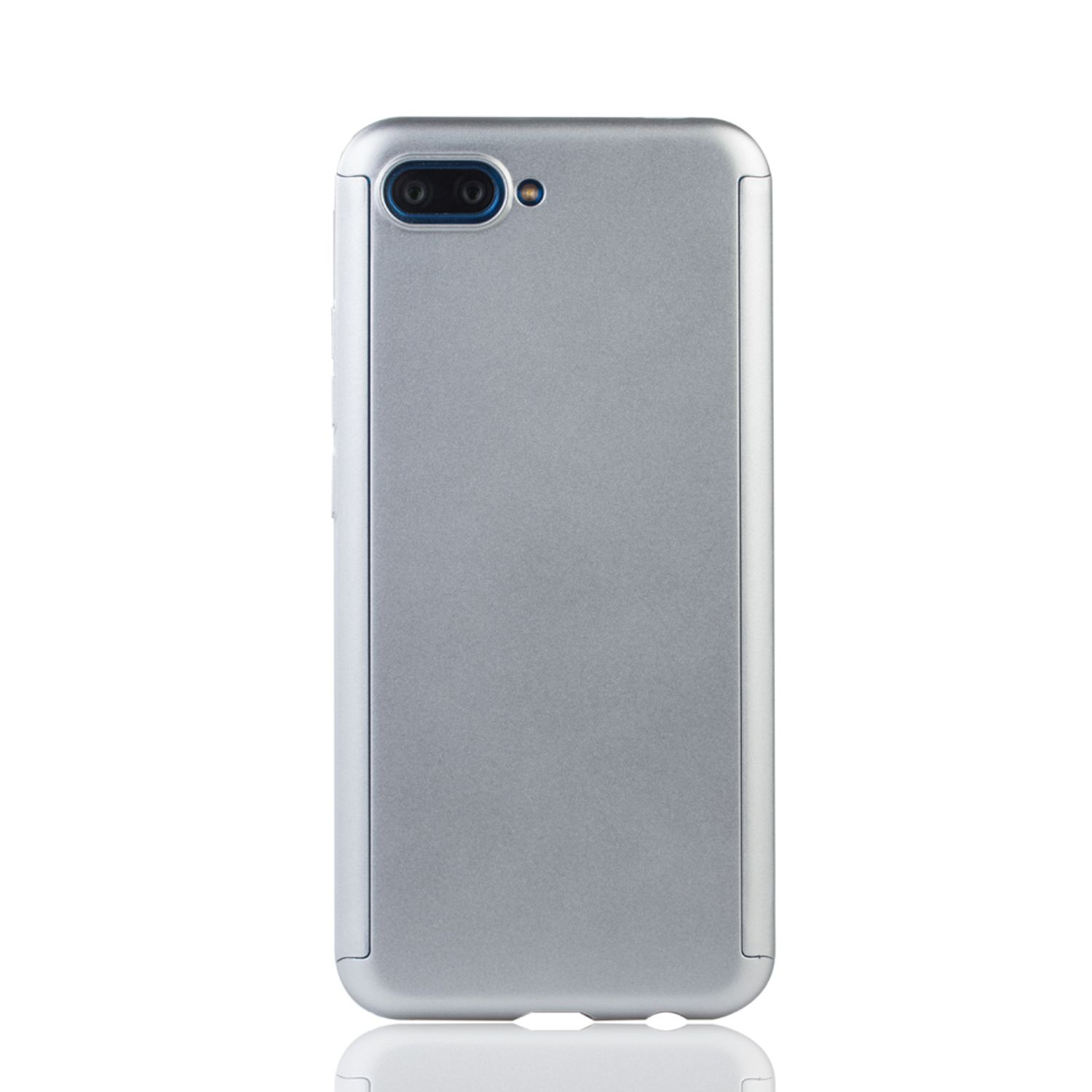 Silberne Handyhülle mit reflektierender Oberfläche. Weißer Hintergrund.