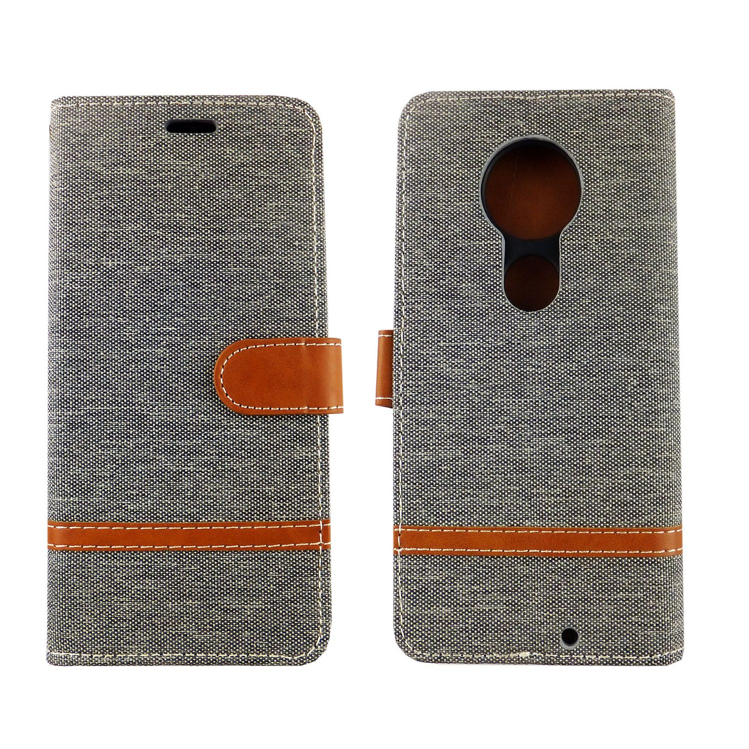 Graue Handyhülle mit braunem Riemen. Geöffnet und geschlossen, zeigt Telefon.
