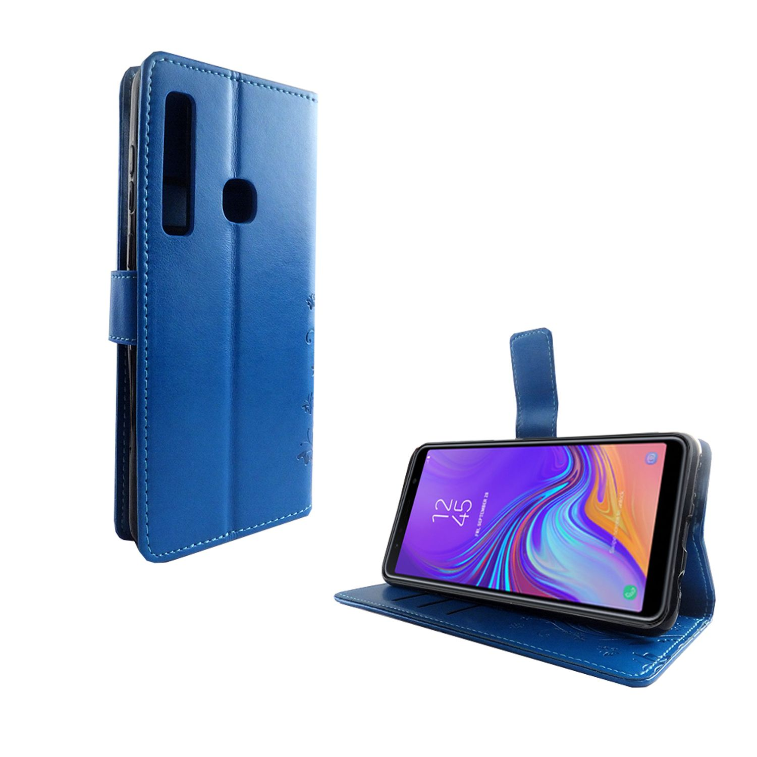 Blaue Handyhülle mit Telefon. Das Telefon zeigt Uhr und Apps.