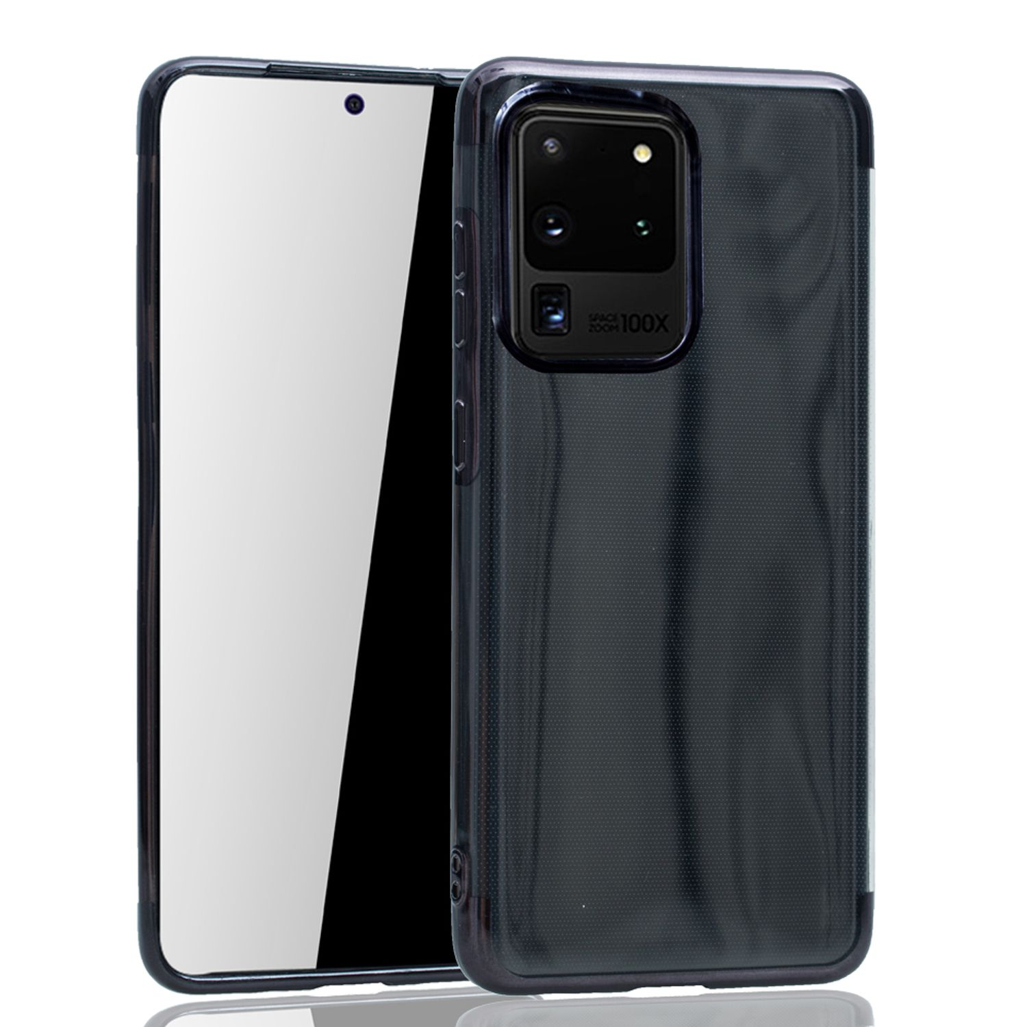 Schwarze Handyhülle mit schwarzem Telefon darin. Telefon hat einen schwarzen Bildschirm. Rückseite hat 100x Text.