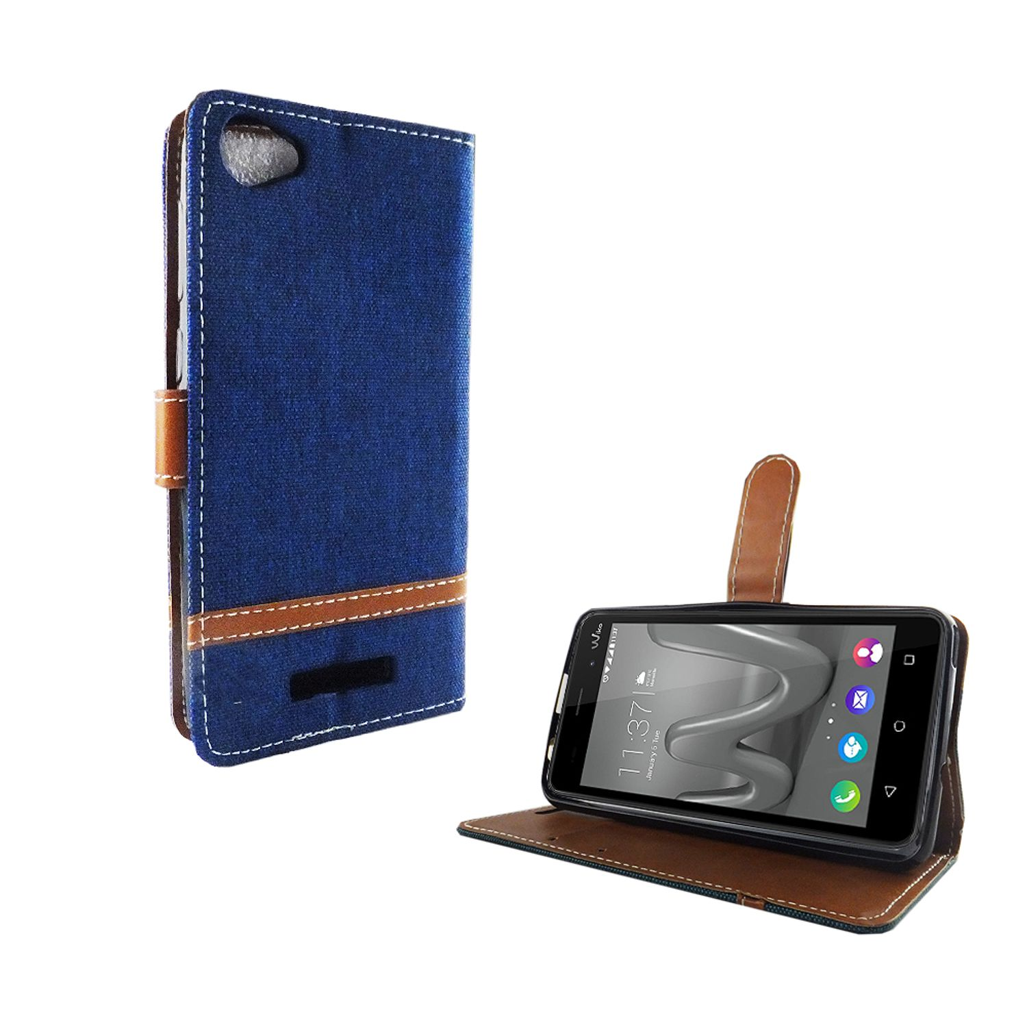 Eine blaue Handyhülle mit einem braunen Lederriemen. Ein Telefon befindet sich in der Hülle.