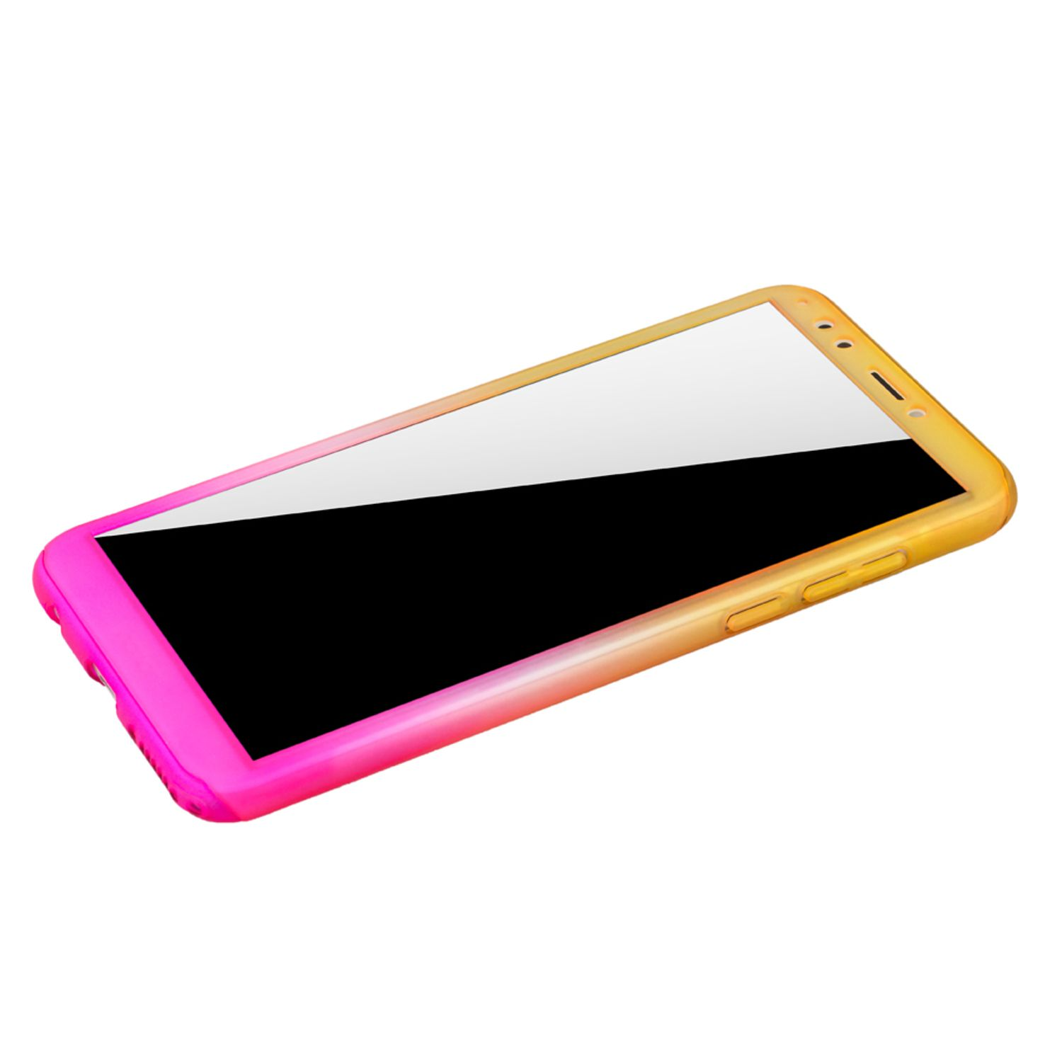 Smartphone mit rosa bis gelbem Farbverlauf, der Bildschirm ist schwarz.