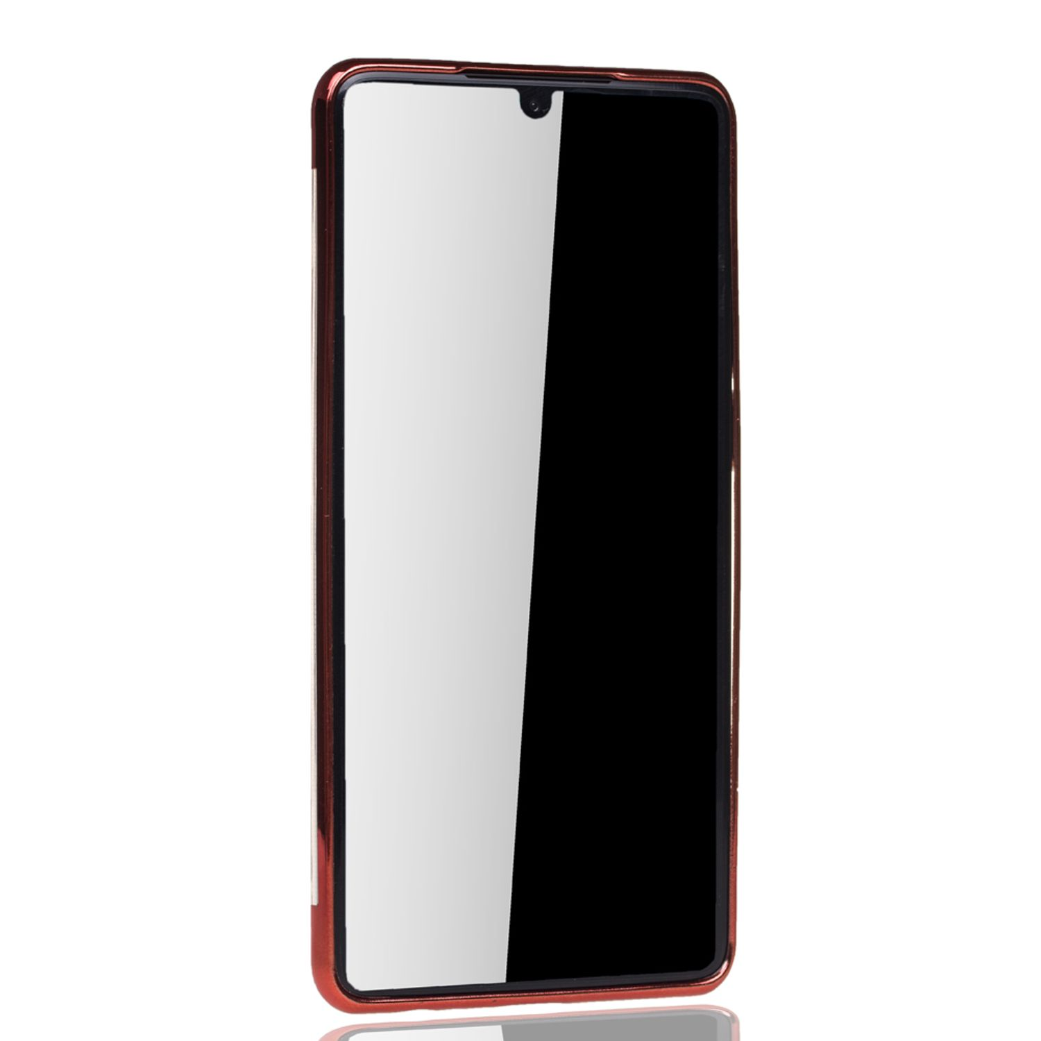 Telefon mit Displayschutz. Das Telefon befindet sich in einer roten Hülle. Der Bildschirm ist an und schwarz.