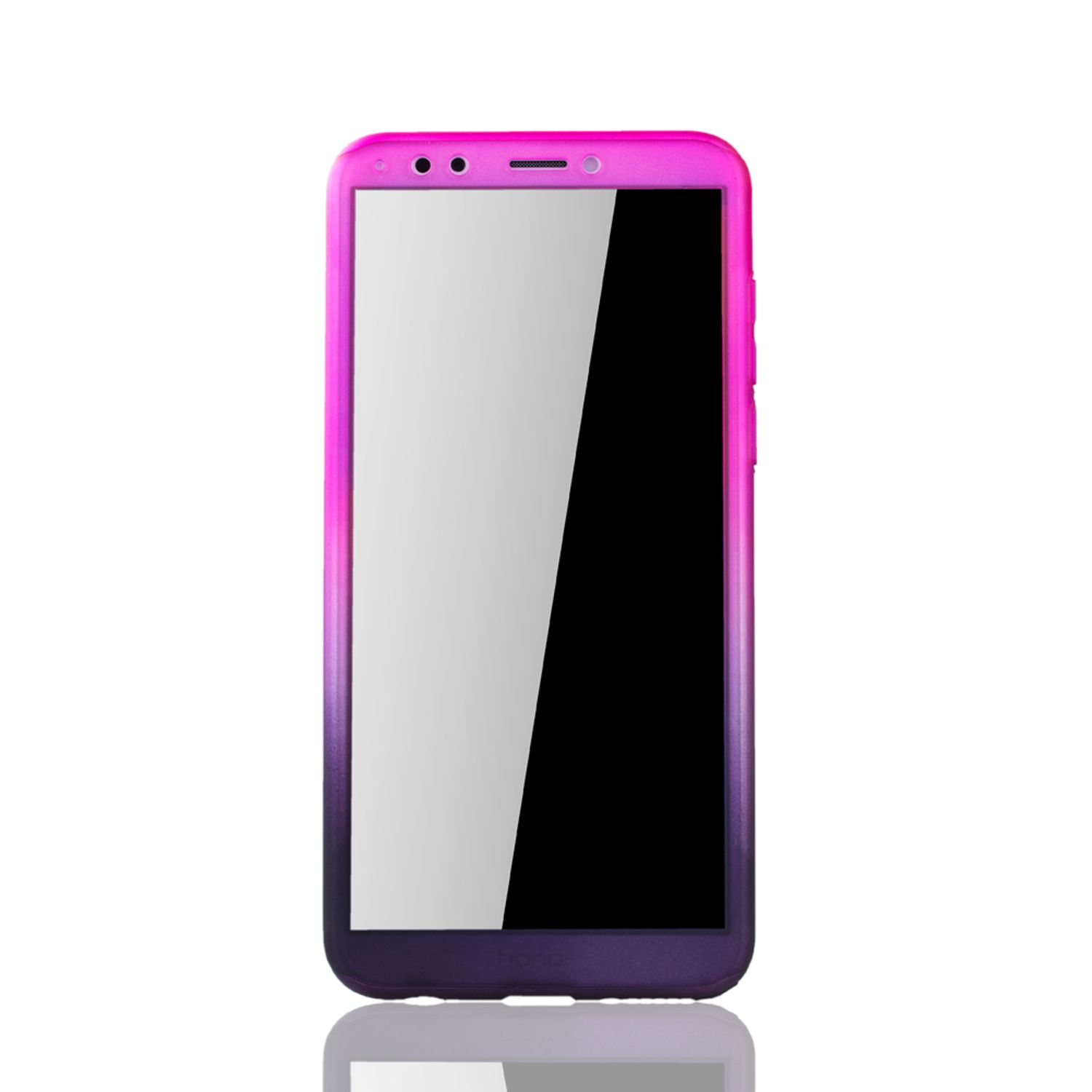 Telefon in einer Hülle mit rosa, lila und blauem Farbverlauf, weißer Hintergrund.