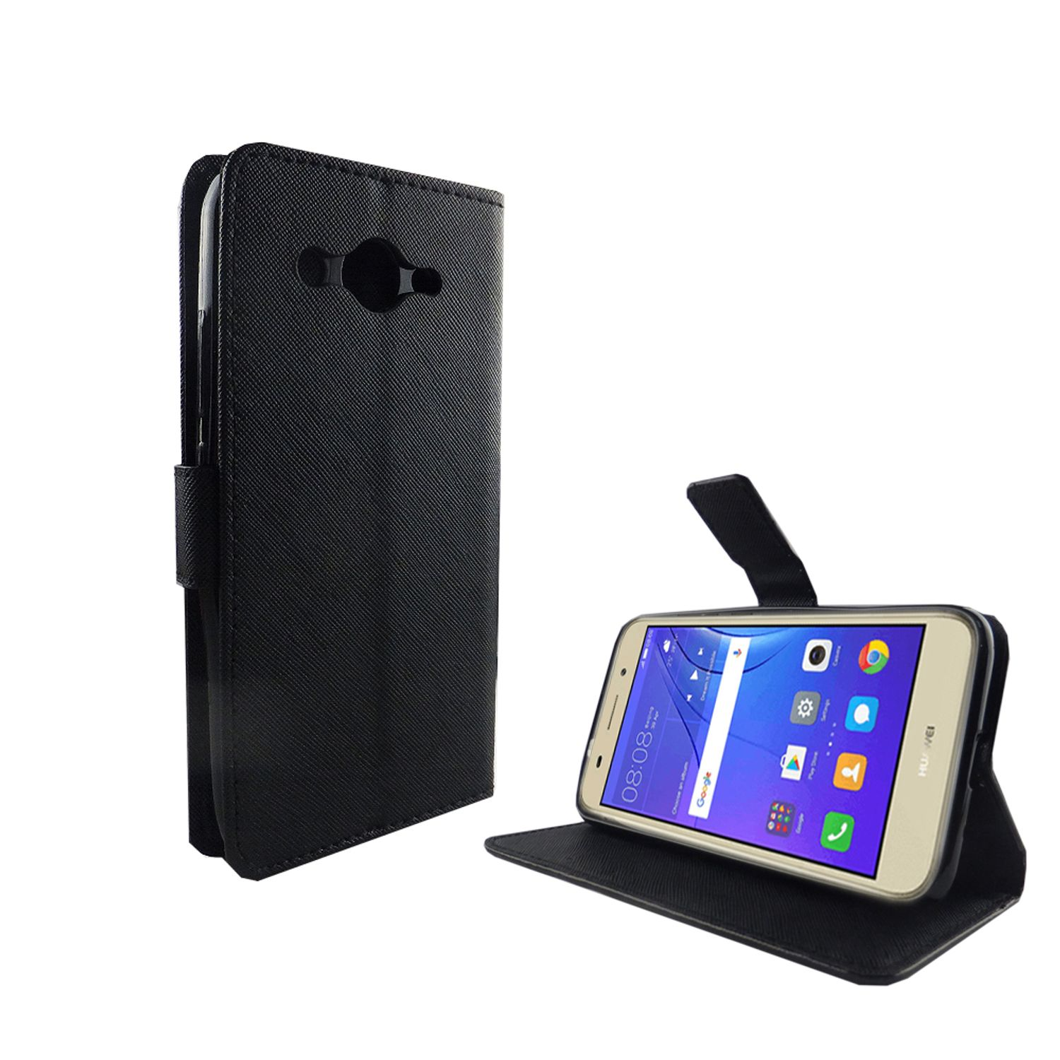Schwarze Handyhülle mit einem Telefon darin. Das Telefon zeigt Zeit und Symbole.