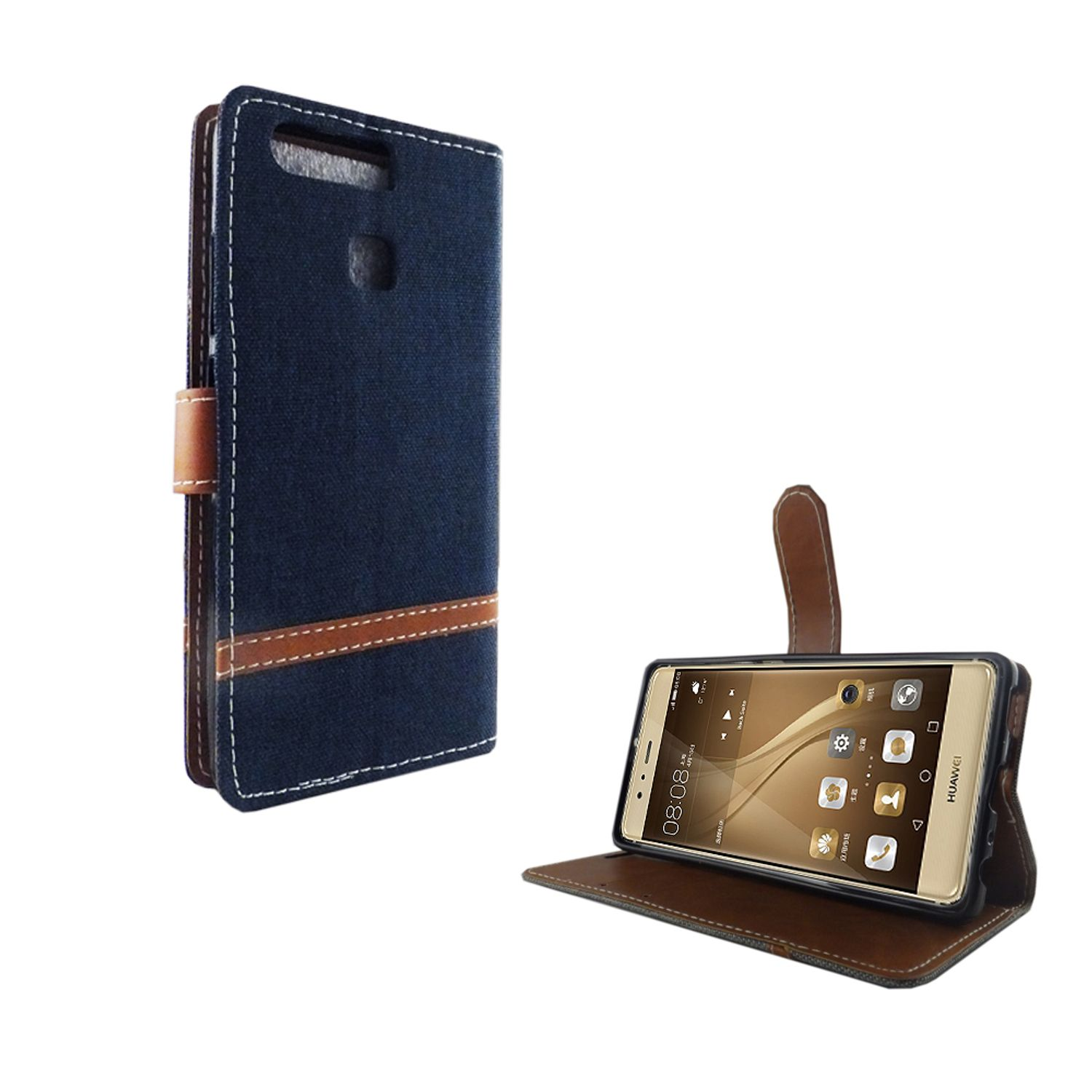 Blaue Jeans-Handyhülle, offen mit einem Telefon. Braune Lederakzente sichtbar.