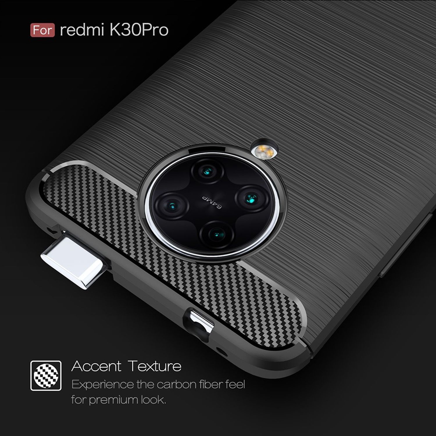Schwarze Handyhülle mit Kohlefaserstruktur und Kameraaussparungen. Text sagt 'Für redmi K30Pro'.