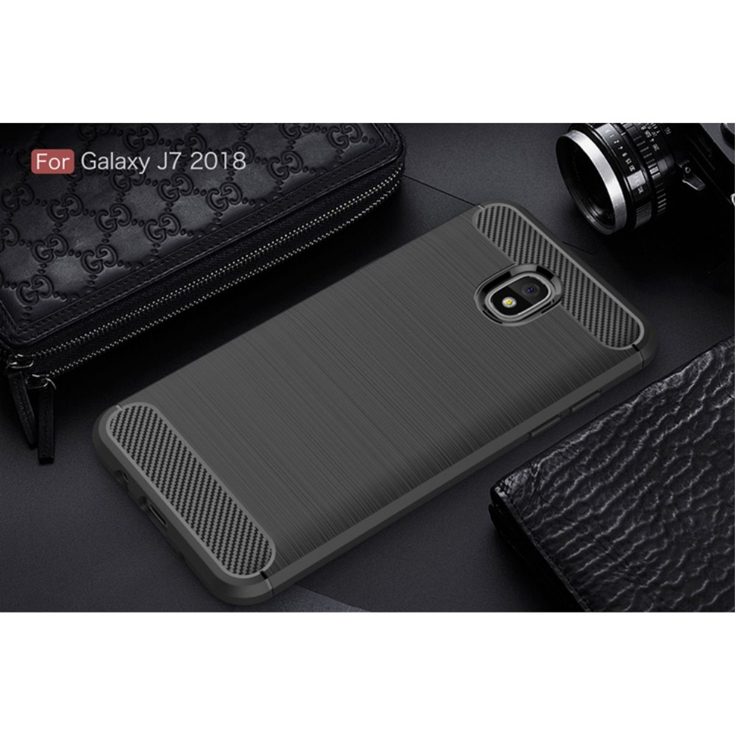 Schwarze Handyhülle auf dunkler Oberfläche, für Galaxy J7 2018. Strukturiert.