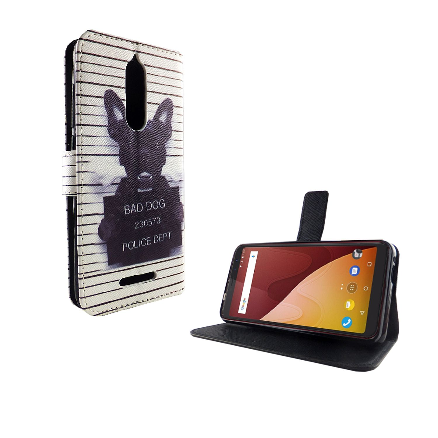 Handyhülle mit 'BAD DOG' Bild. Ein Telefon ist in der Hülle, offen und angezeigt. Weißer Hintergrund.