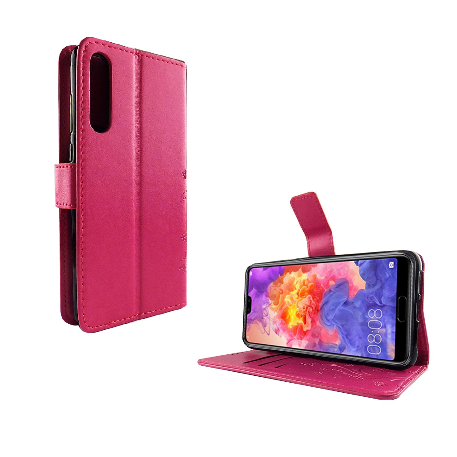 Rosafarbene Handyhülle mit Telefon darin, offen. Das Telefon liegt auf der Seite und zeigt die Uhrzeit an. Weißer Hintergrund.