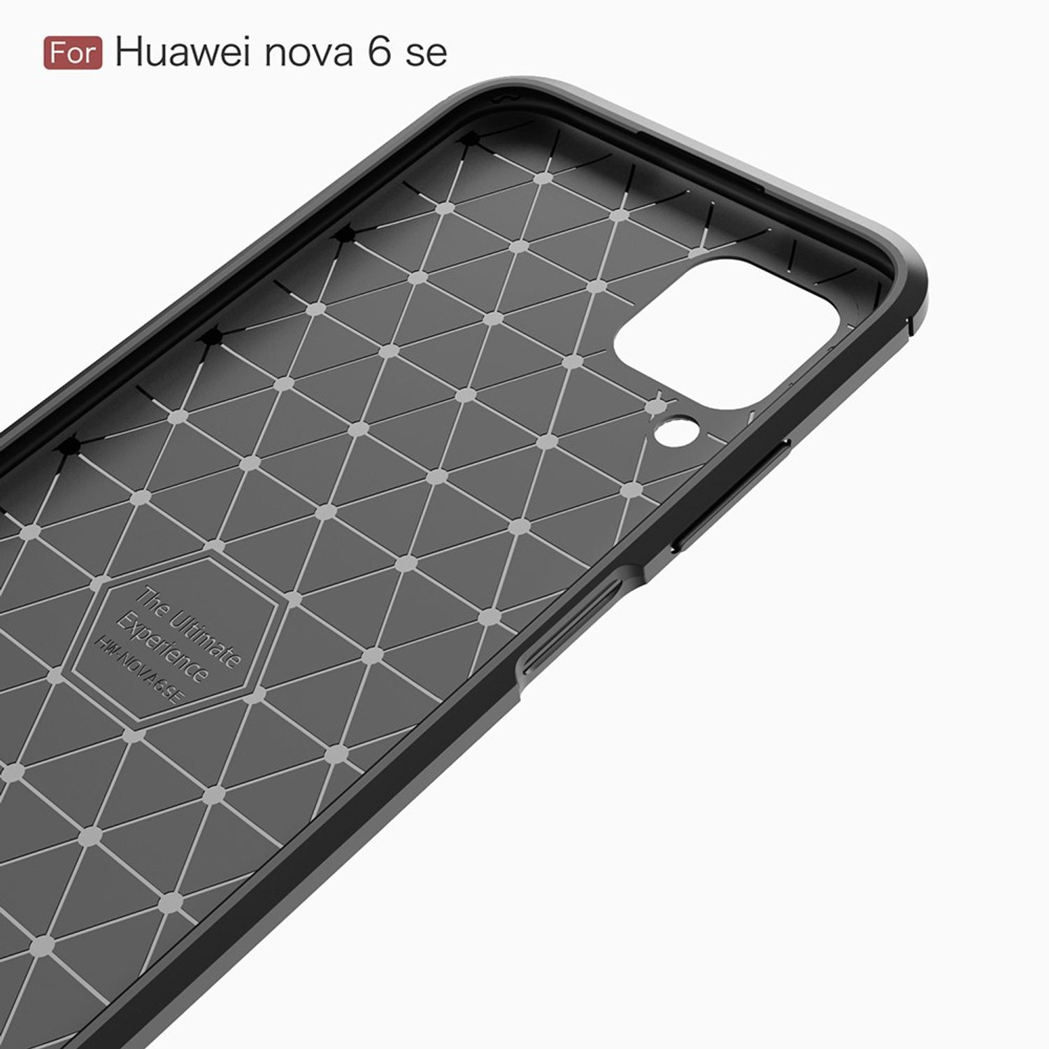 Schwarze Handyhülle mit Rautenmuster auf der Innenseite. Text: The Ultimate Experience. Für Huawei nova 6 se.