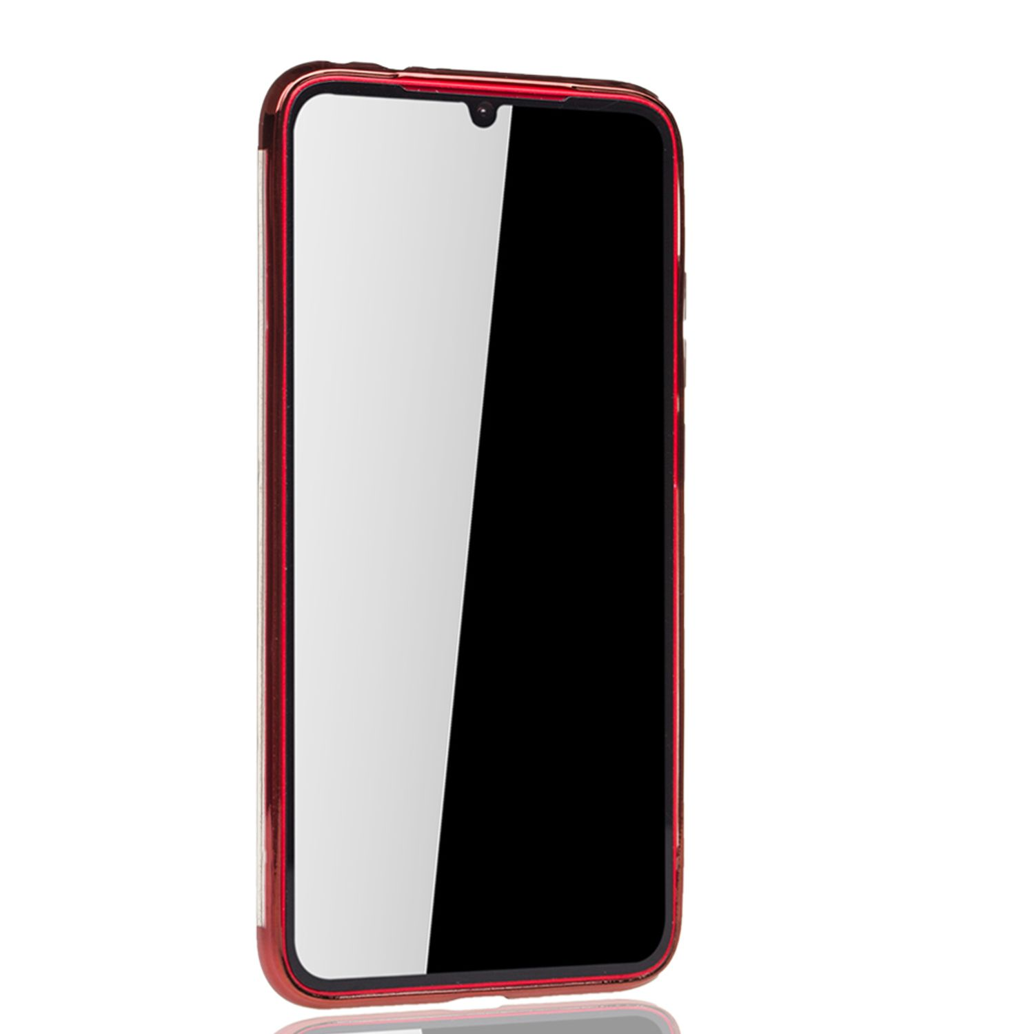 Rote Handyhülle mit schwarzem Bildschirm, das Telefon auf weißem Hintergrund, Hülle sichtbar.