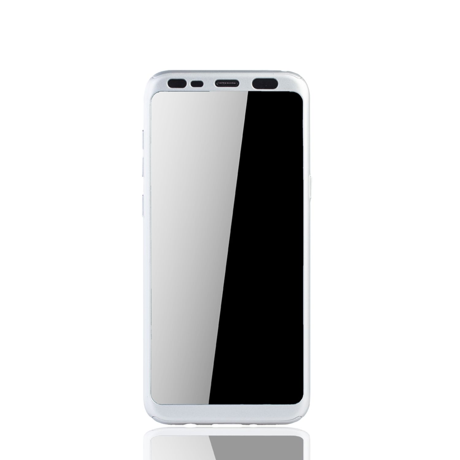 Weißes Telefon mit schwarzem Bildschirm und silbernen Kanten, mit weißem Hintergrund.