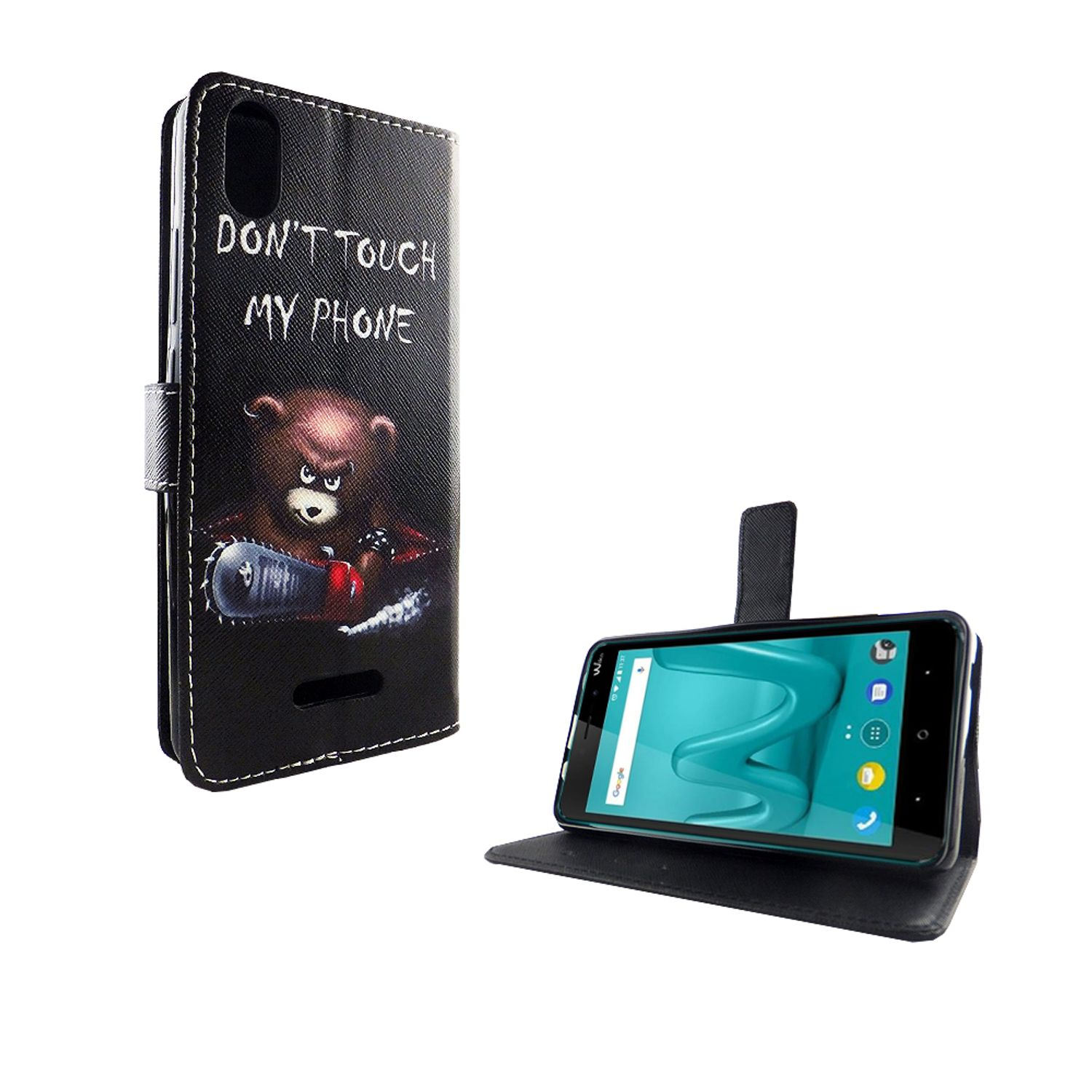 Schwarze Handyhülle mit wütendem Bär und Kettensäge. Text 'Don't touch my phone'. Telefon auf Ständer.