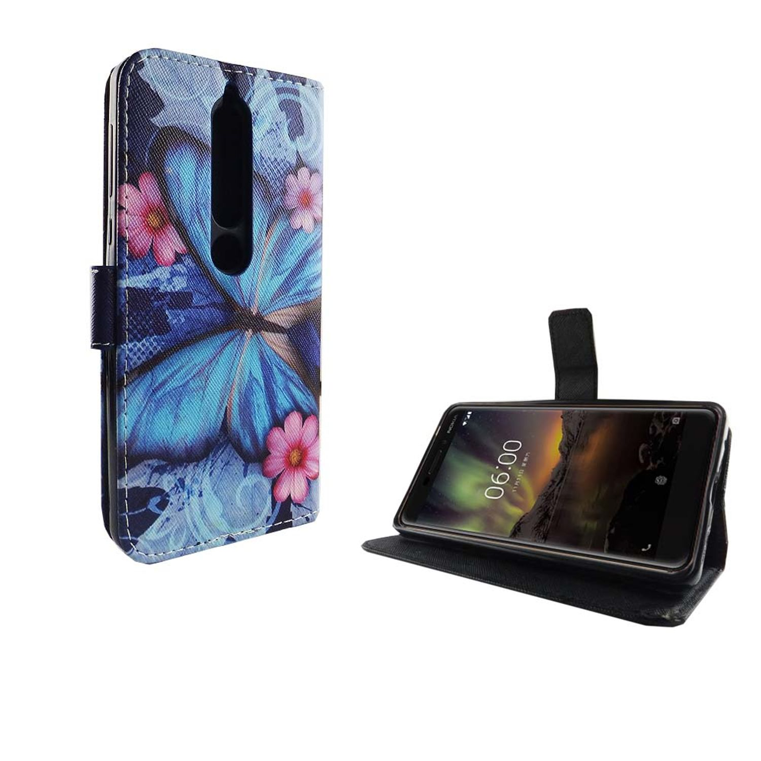 Handyhülle mit Schmetterlingsdesign. Telefon darin. Geöffnete Hülle zeigt Telefon.