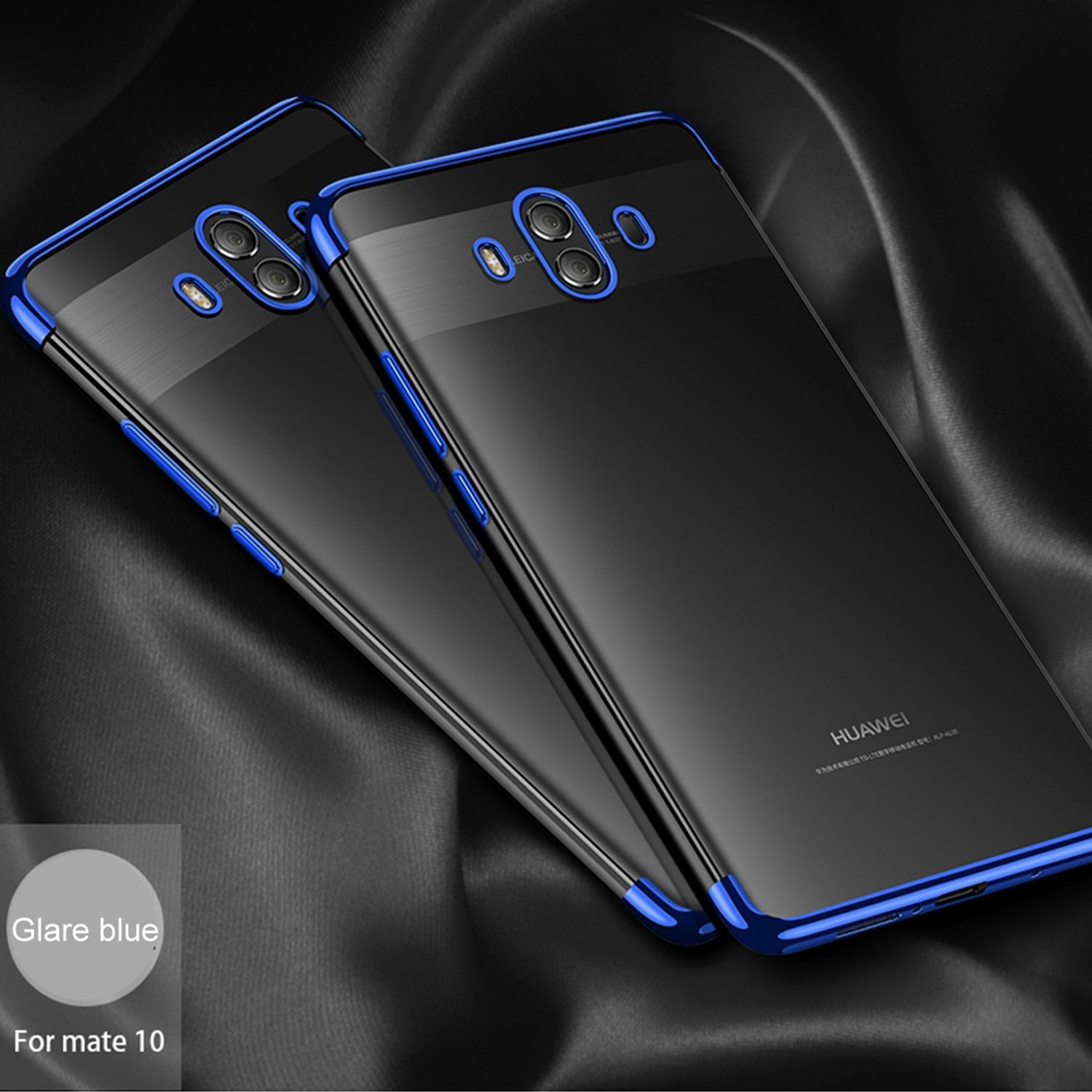 Zwei schwarze Handyhüllen mit blauen Akzenten. Text: 'Huawei'. Farbe: Blauschimmer.