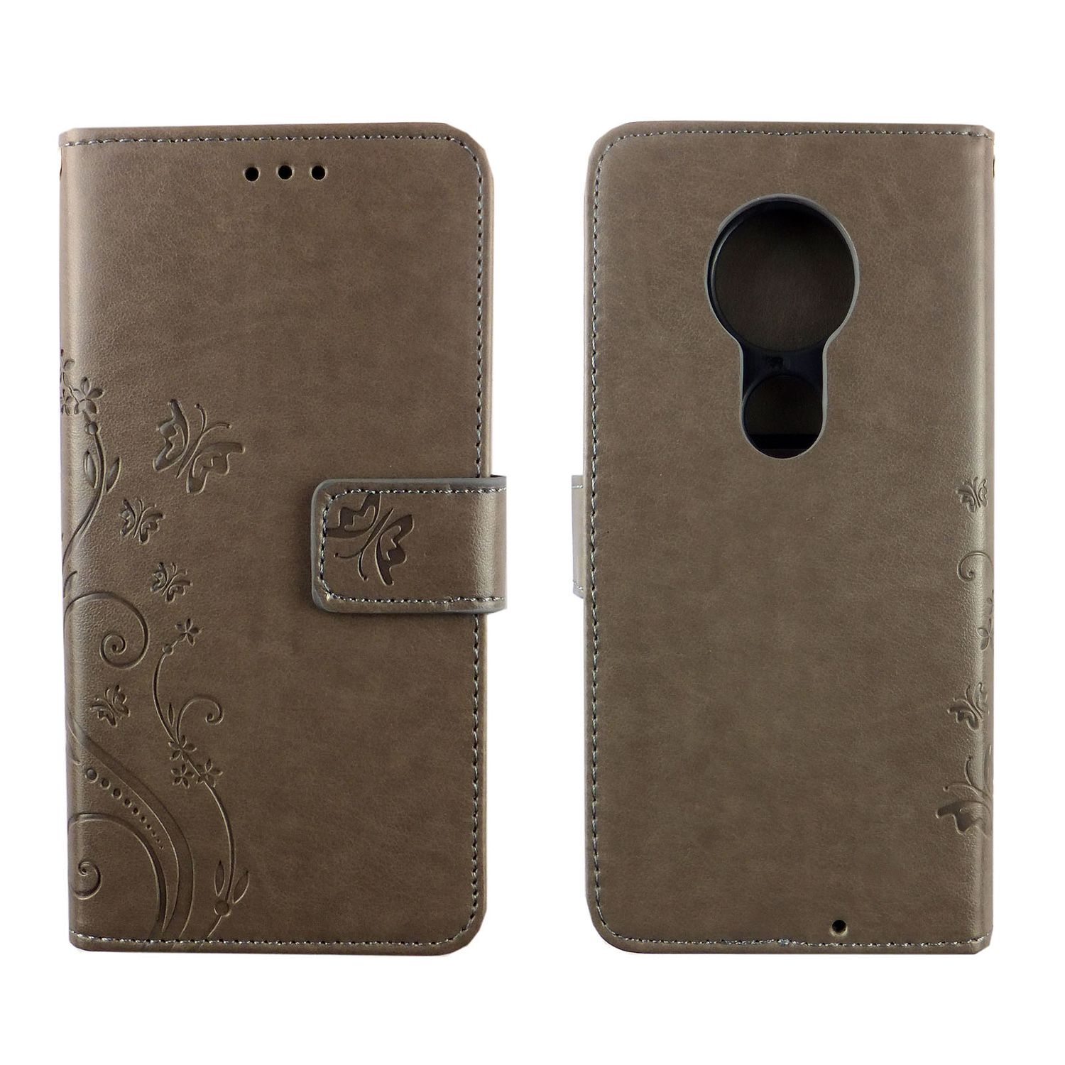 Braune Handyhülle mit floralem Design, offen. Telefon nicht sichtbar.