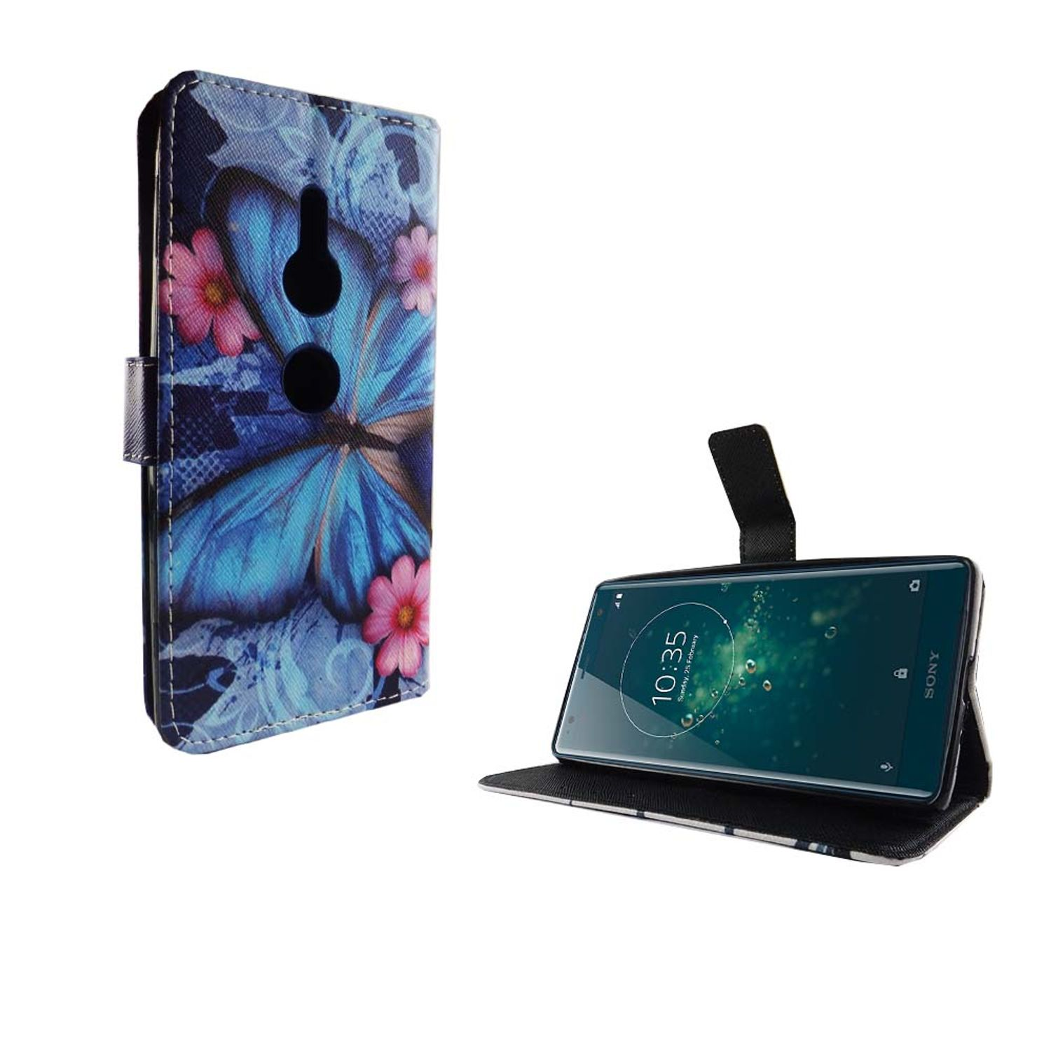 Blaue Handyhülle mit Schmetterling, offenes Handy mit Uhrzeit, weißer Hintergrund.