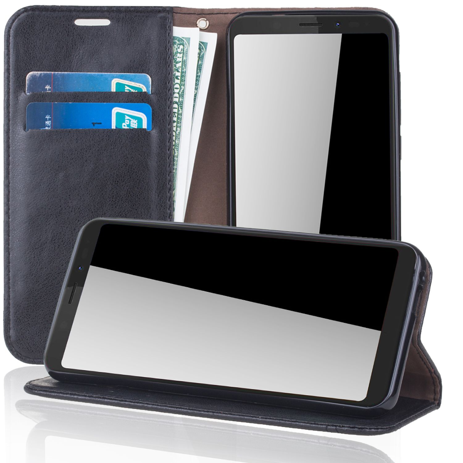 Eine Handyhülle mit Telefon, Geld und Karten im Inneren. Das Telefon hat einen schwarzen Bildschirm.