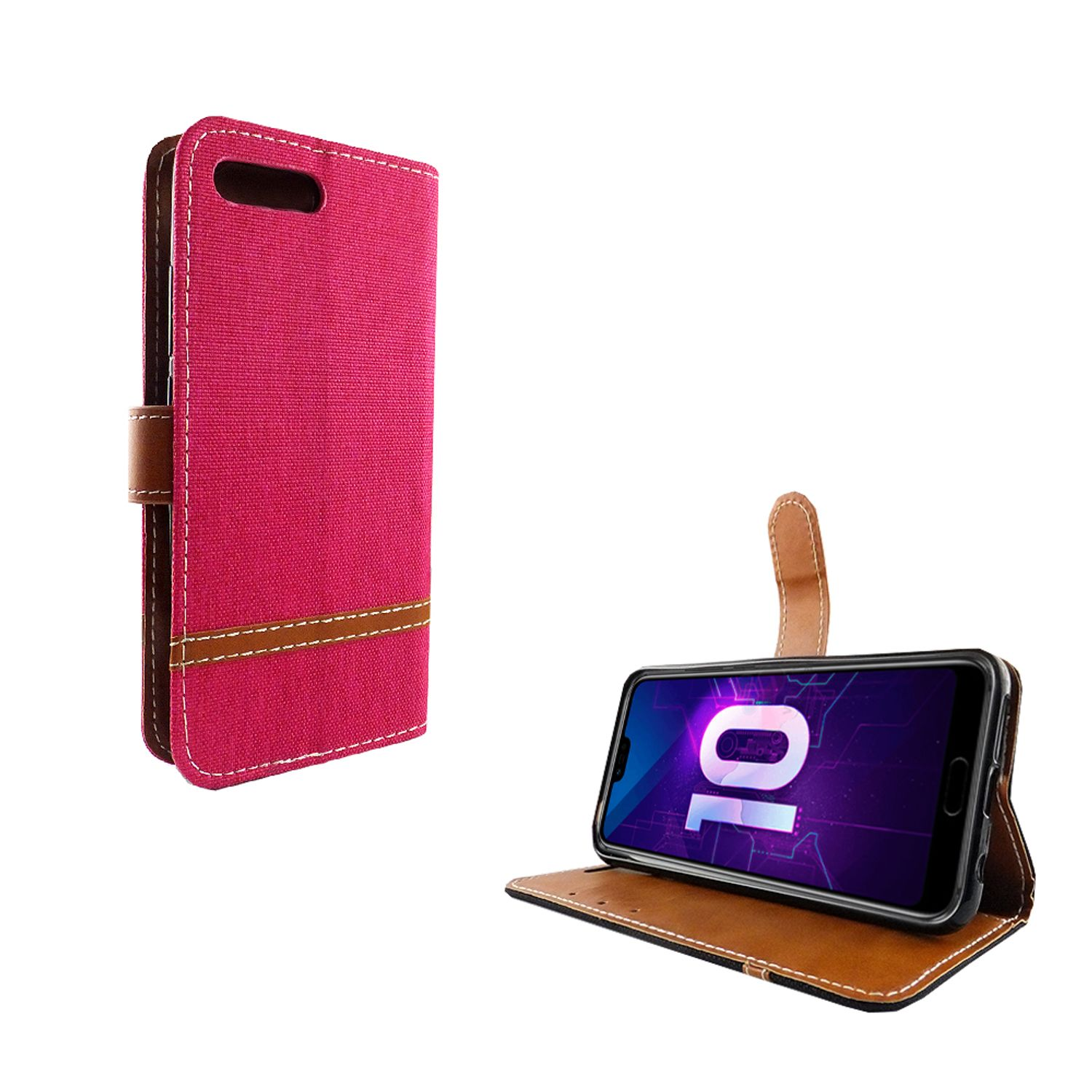 Rosa Handyhülle mit braunem Riemen, hält ein Telefon mit Bildschirm mit der Nummer 10.
