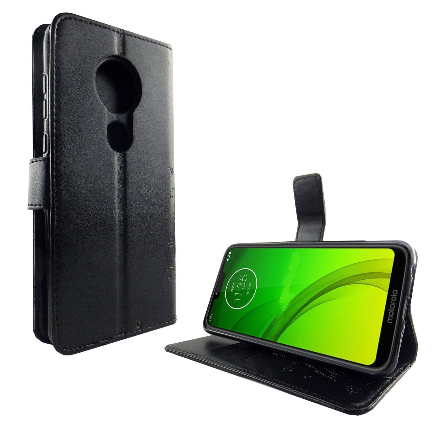 Geöffnete schwarze Leder-Handyhülle mit Motorola-Telefon. Der Bildschirm zeigt die Uhrzeit an.