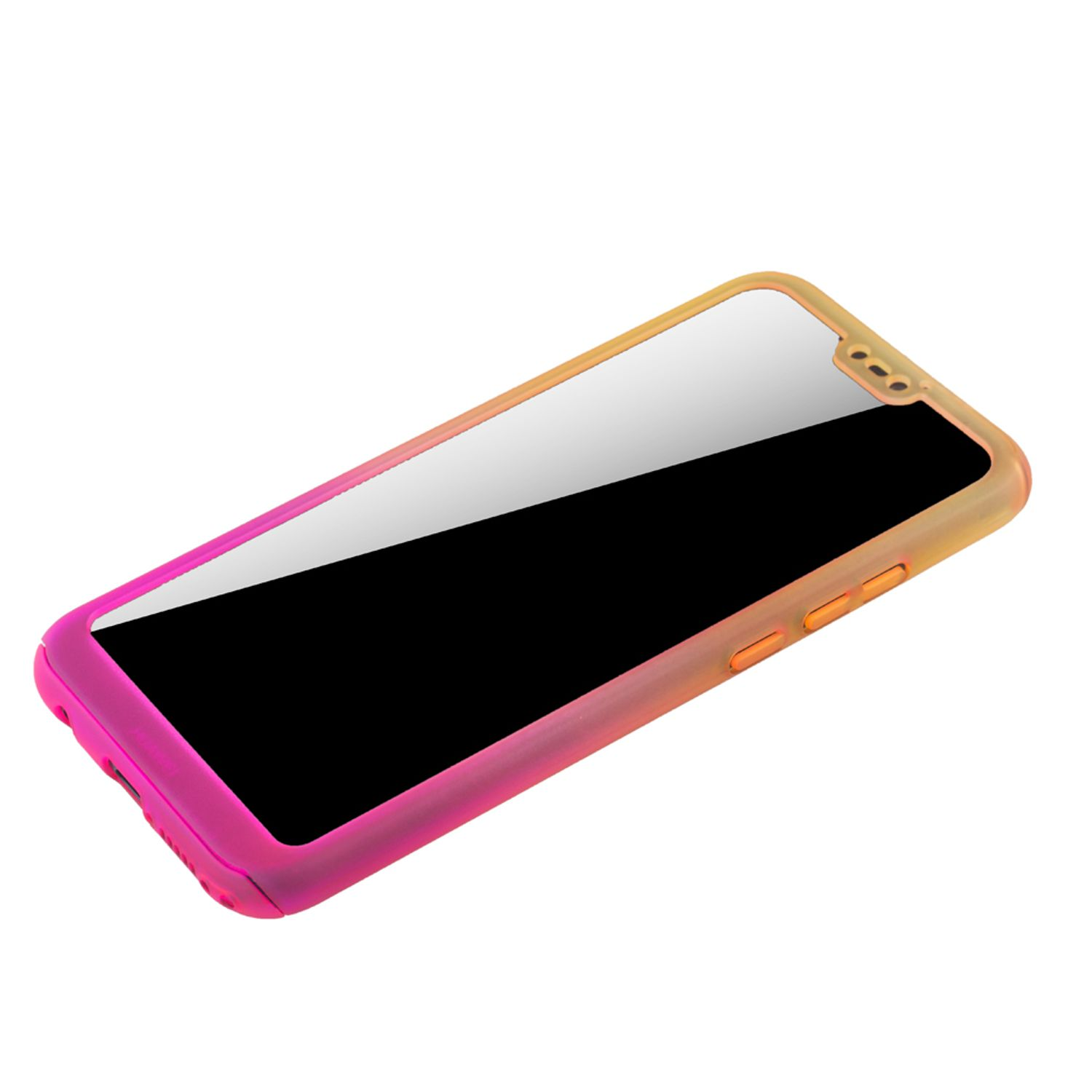 Ein Telefon in einer mehrfarbigen Hülle mit orangefarbenen und pinkfarbenen Farbverläufen auf dem Rahmen.